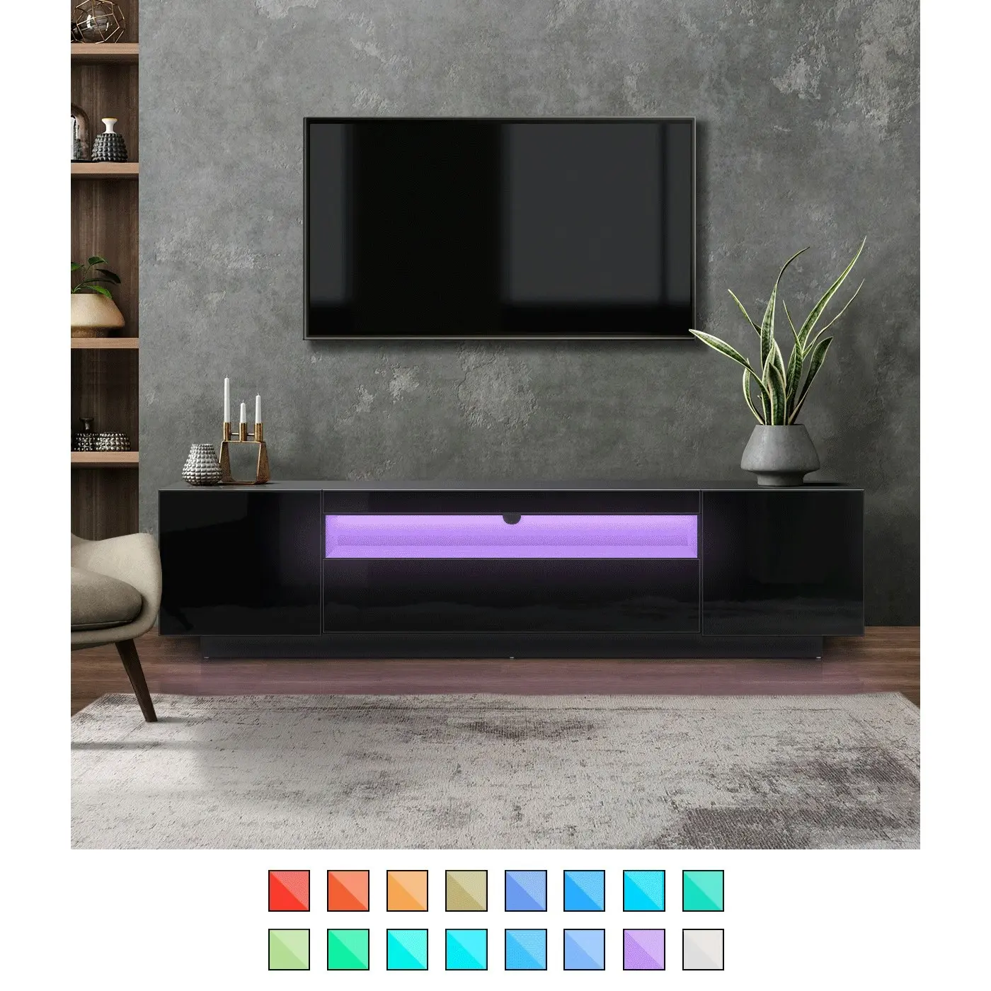 Oikiture TV Cabinet Entertainment Unit Stand Gloss RGB LED Furniture Black 180CM