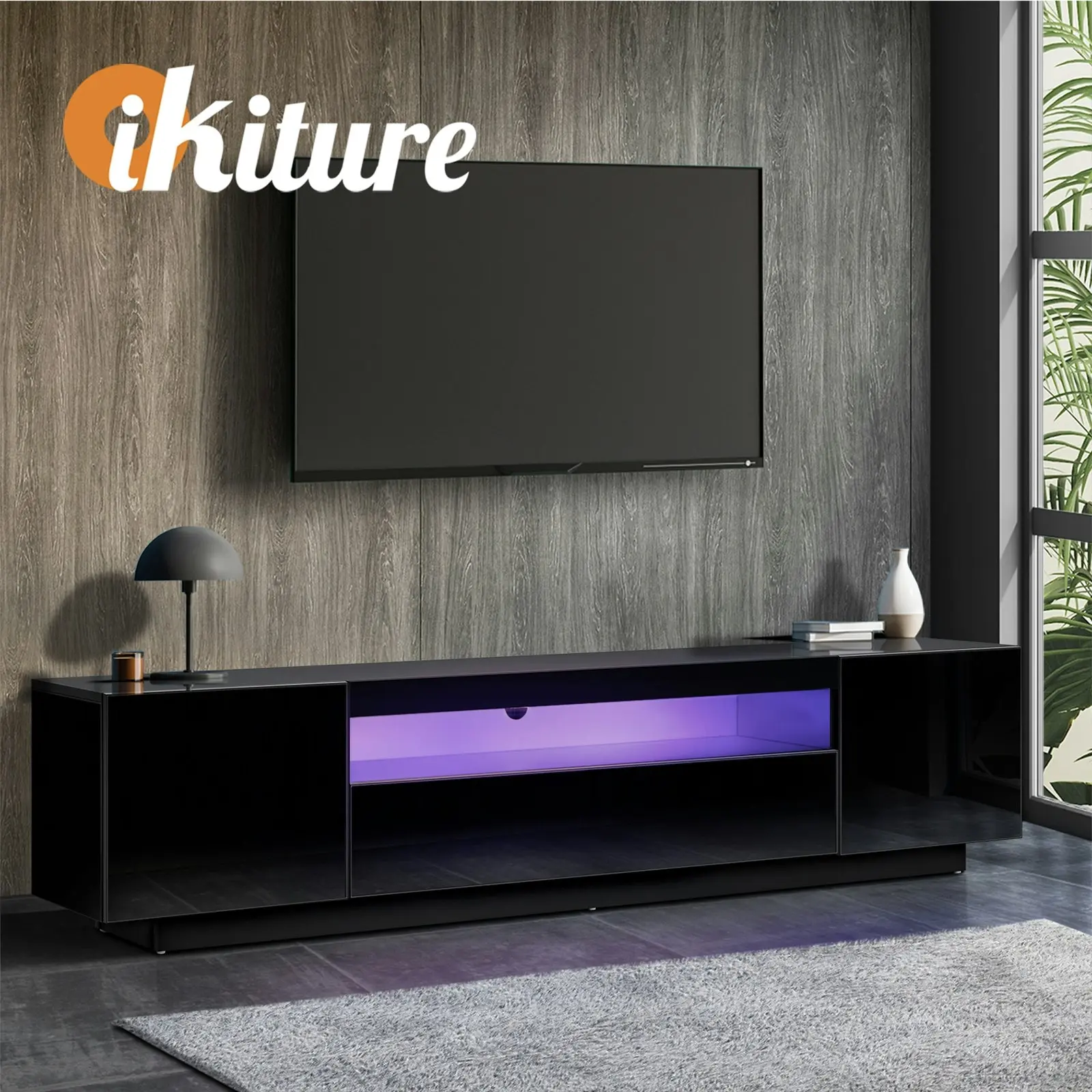 Oikiture TV Cabinet Entertainment Unit Stand Gloss RGB LED Furniture Black 180CM