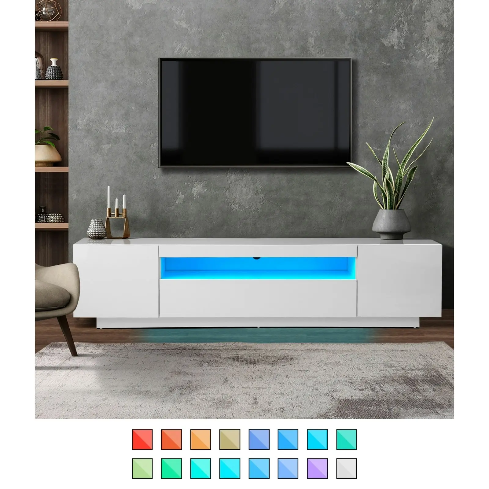 Oikiture TV Cabinet Entertainment Unit Stand Gloss RGB LED Furniture White 180CM