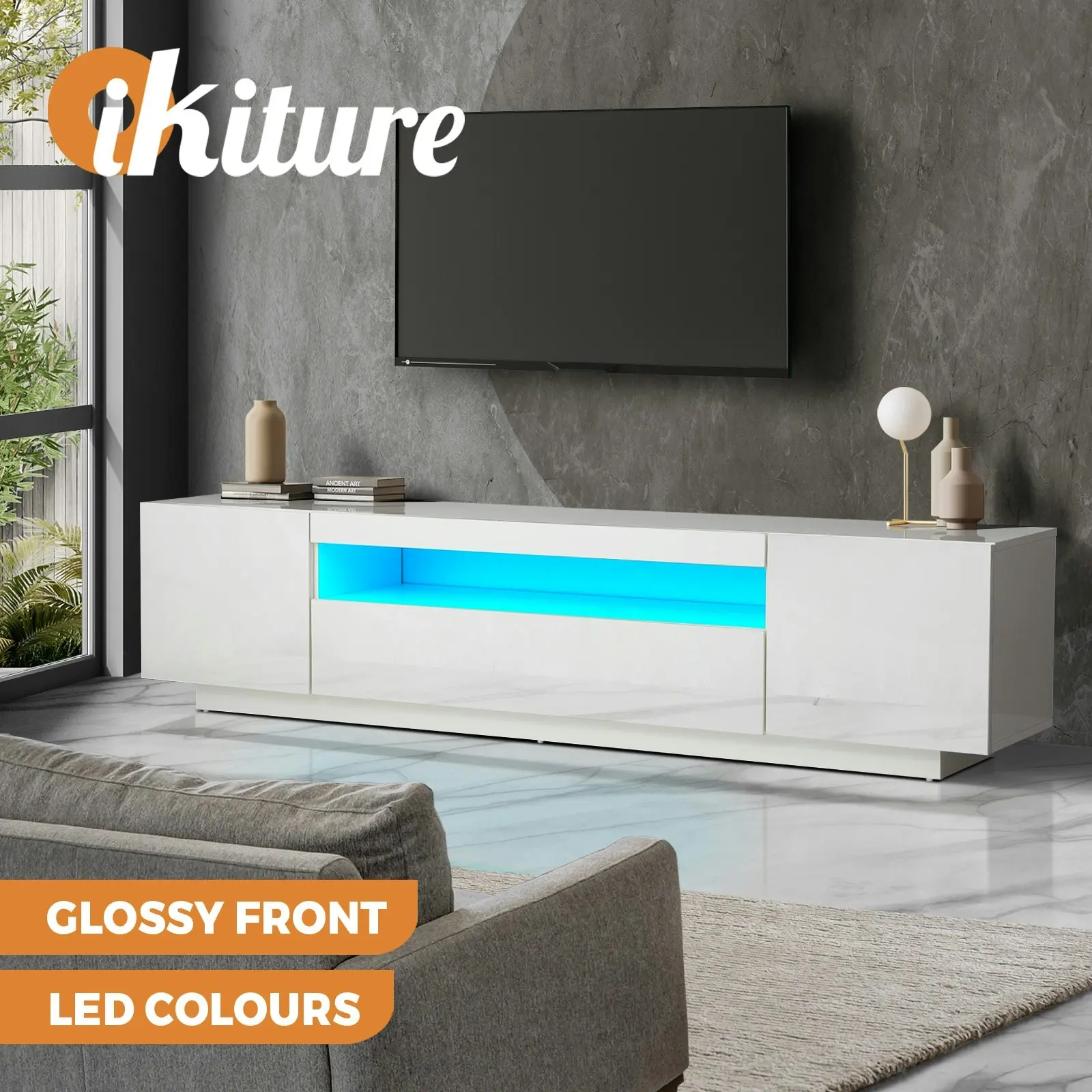 Oikiture TV Cabinet Entertainment Unit Stand Gloss RGB LED Furniture White 180CM