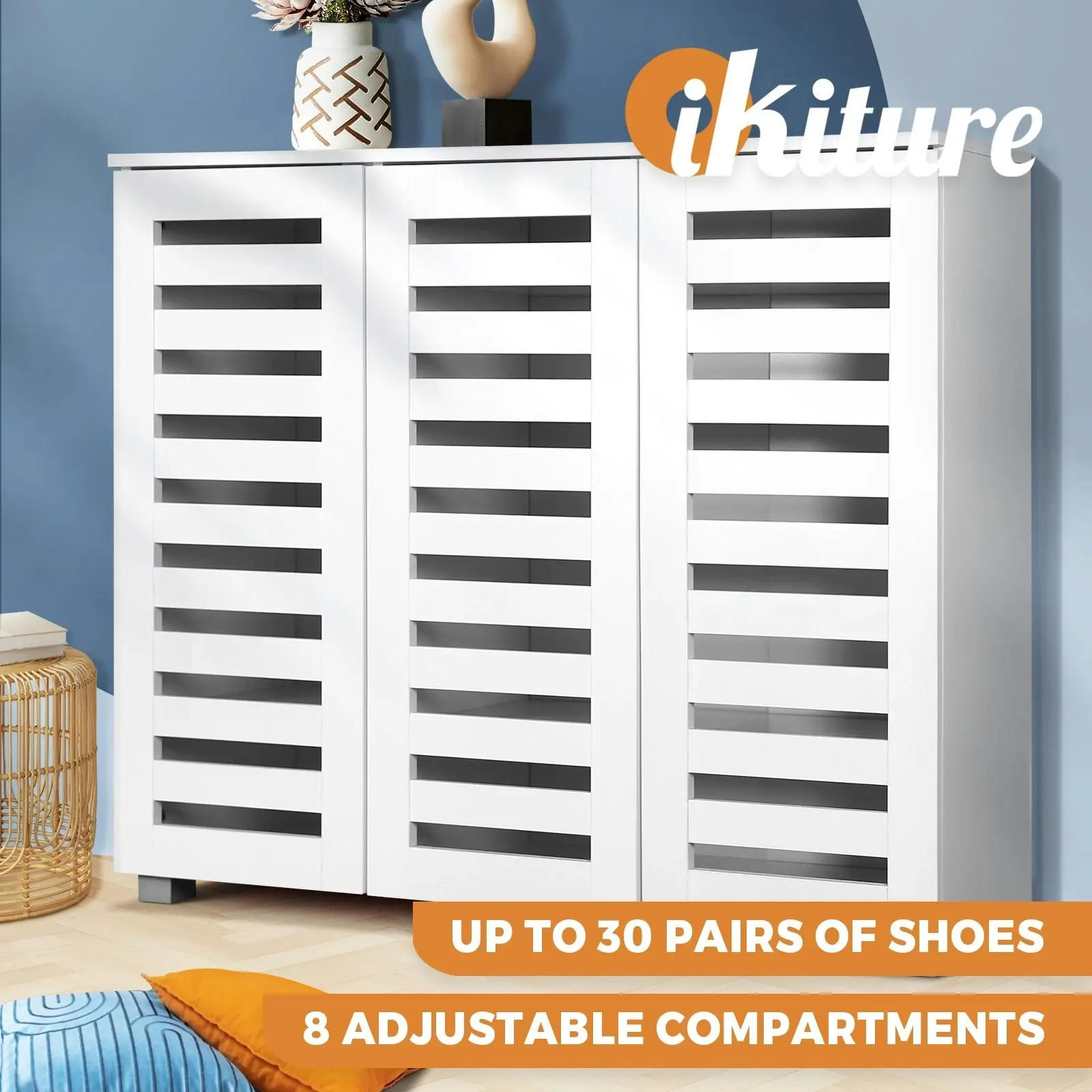 Oikiture Shoes Cabinet Shoe Storage Rack Organiser Shelf 3 Doors 30 Pairs White