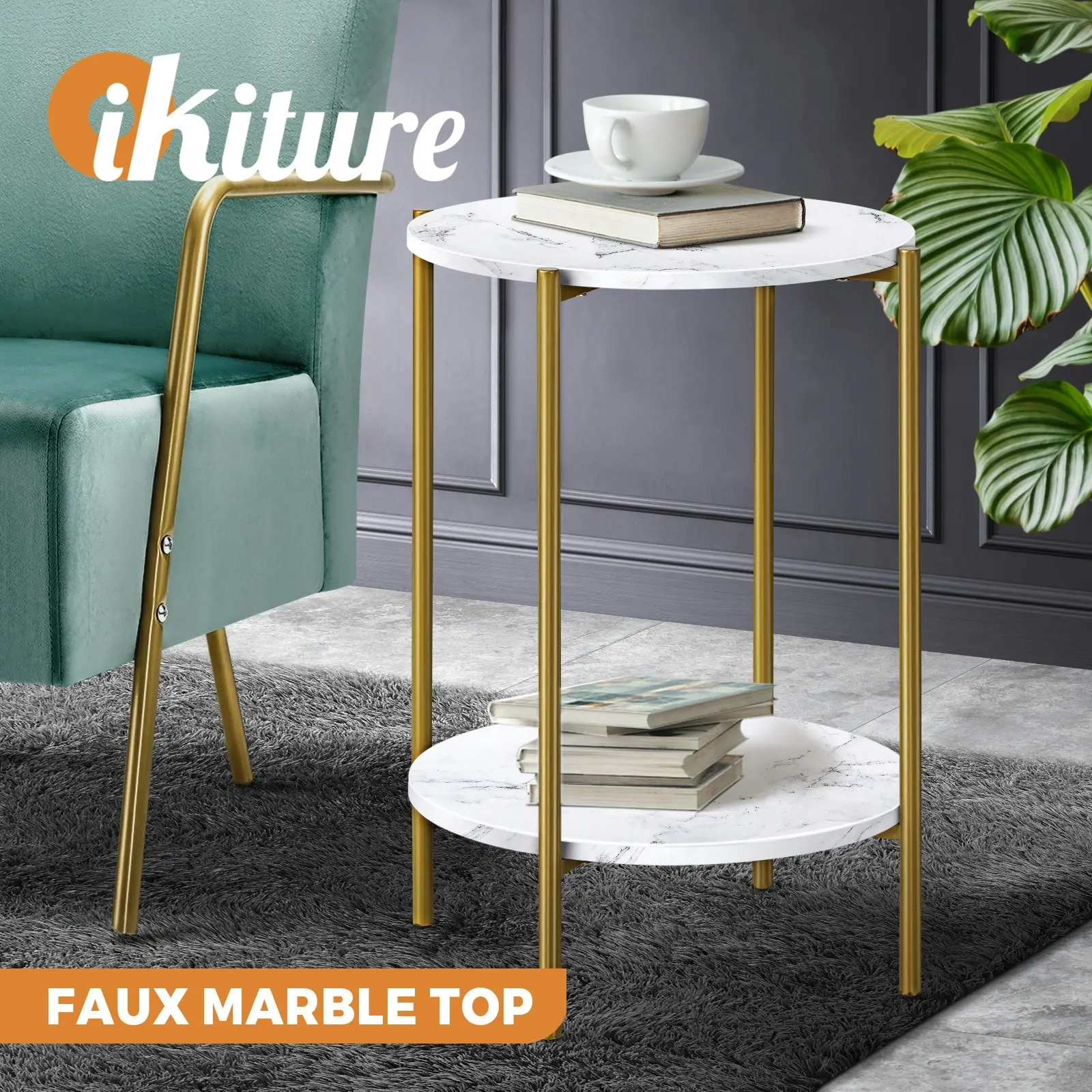 Oikiture Side End Table Coffee Sofa Bedside Nightstand Marble Round Dual-Tier