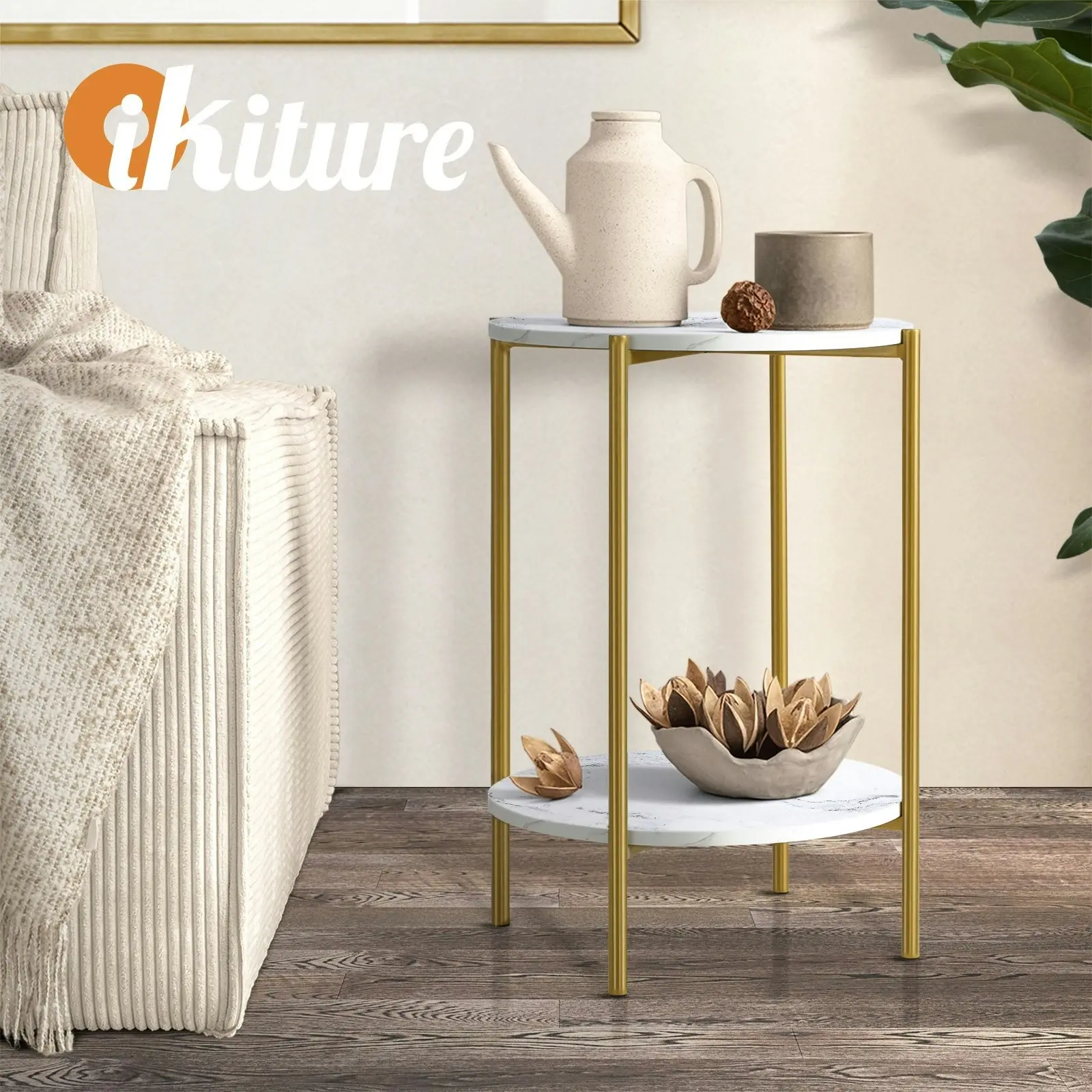 Oikiture Side End Table Coffee Sofa Bedside Nightstand Marble Round Dual-Tier