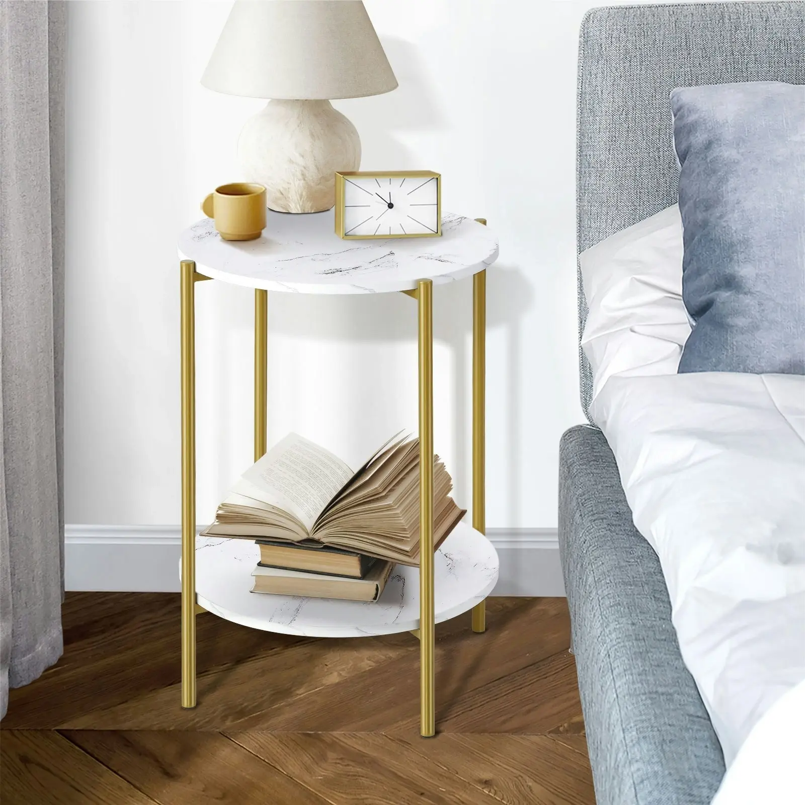 Oikiture Side End Table Coffee Sofa Bedside Nightstand Marble Round Dual-Tier