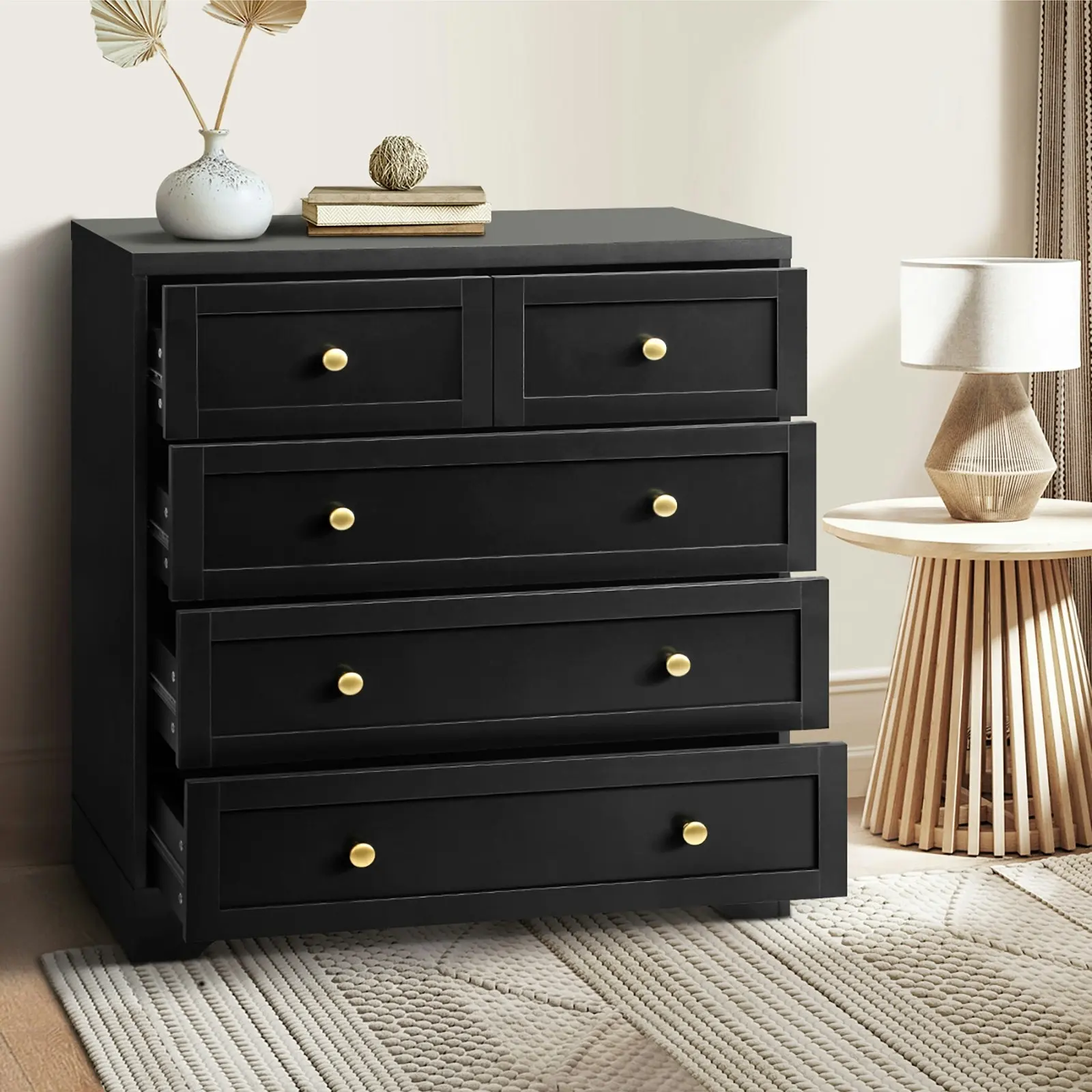 Oikiture 5 Chest of Drawers Tallboy Black Hamptons