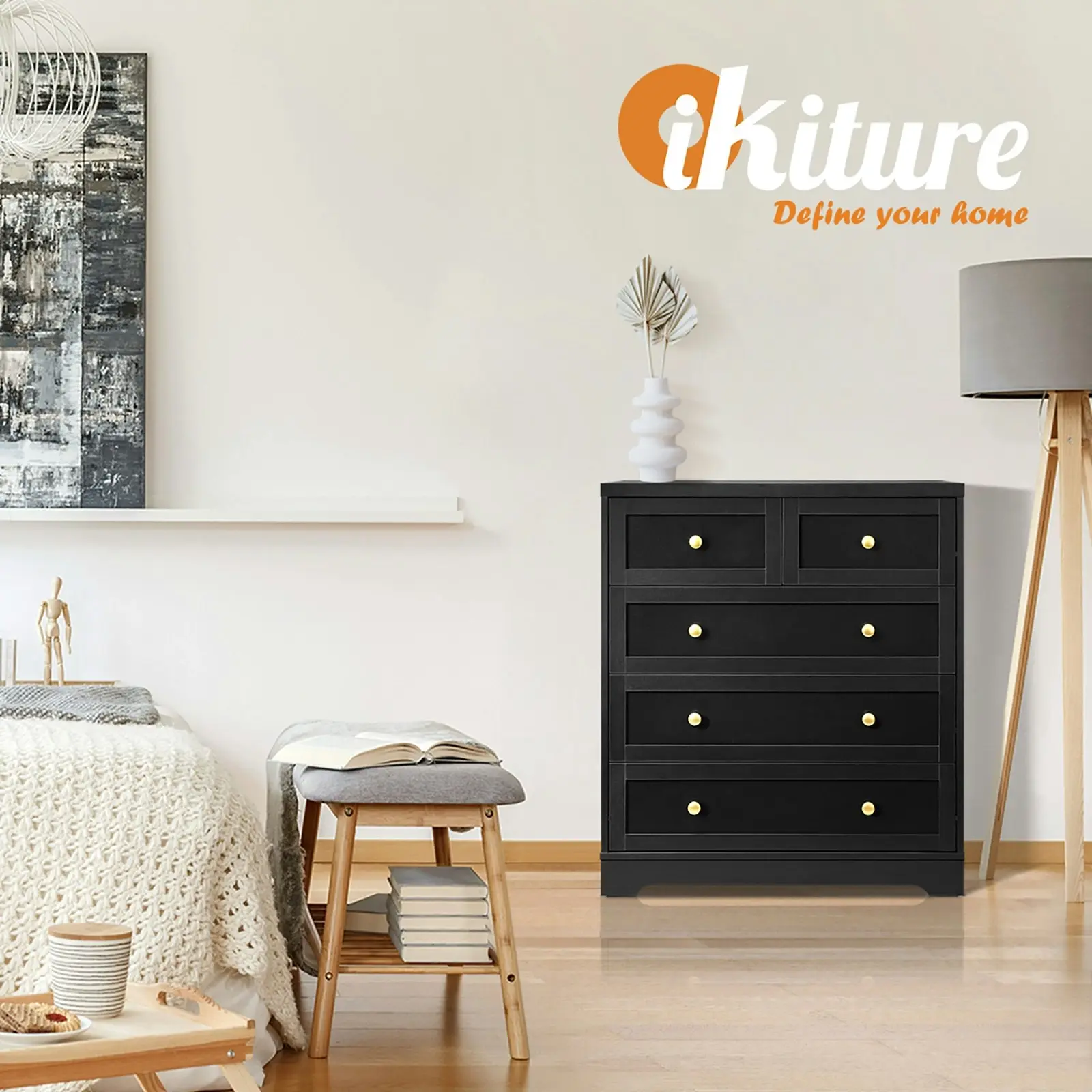 Oikiture 5 Chest of Drawers Tallboy Black Hamptons