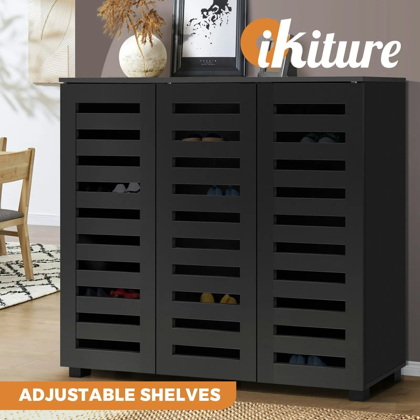 Oikiture Shoes Cabinet Shoe Storage Rack Organiser Shelf 3 Doors 30 Pairs Black