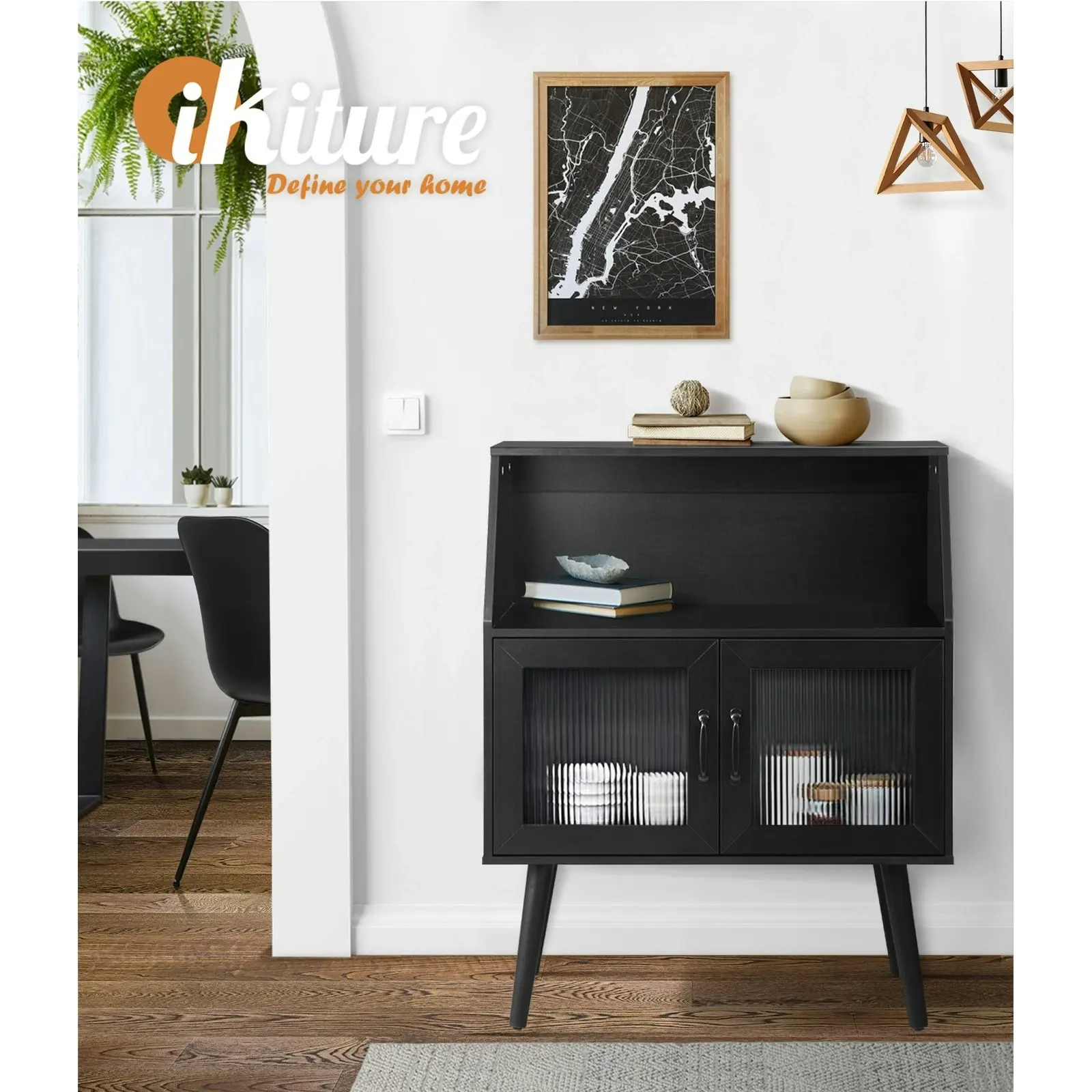 Oikiture Buffet Sideboard Cabinet Storage Cupboard Kitchen Hallway Table Black