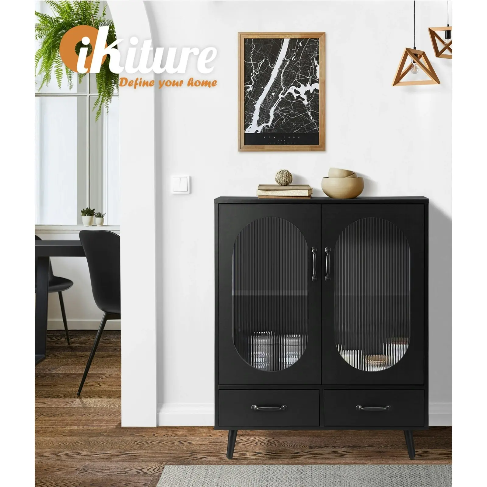 Oikiture Buffet Sideboard Bar Storage Cabinet Console Table Door Cupboard Black