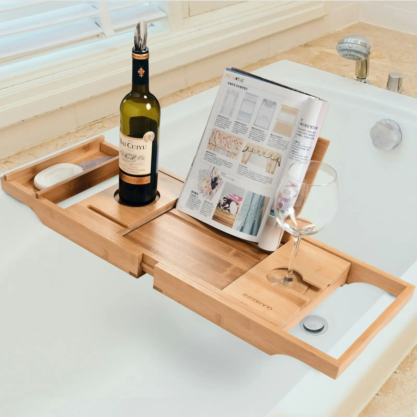 Sherwood Home Bamboo Bed and Bathtub Caddy Tray with Support Frame - Natural Bamboo - 75.5x25.5x6cm