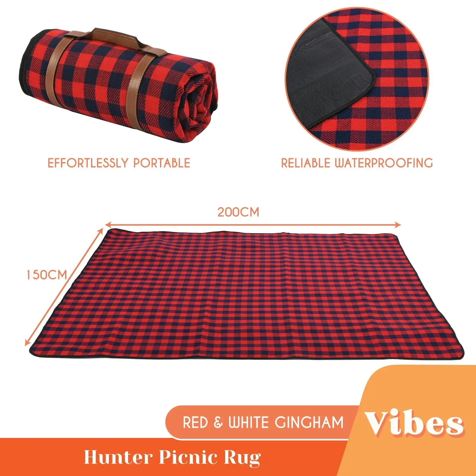 Hunter Waterproof Picnic Rug - Red & White Gingham