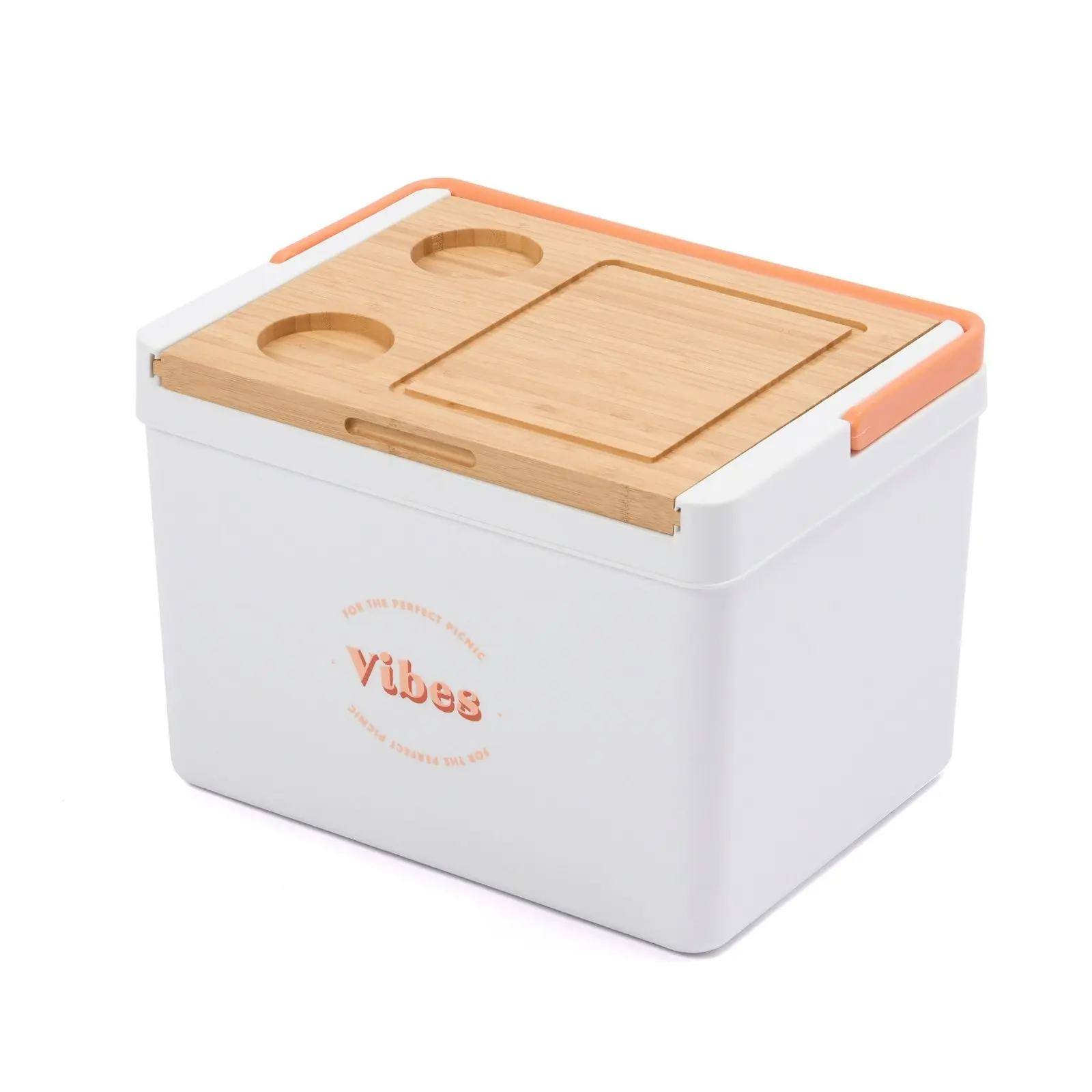 Vibes Portable Cooler Box with Bamboo Lid White & Peach 36x27.5x26cm