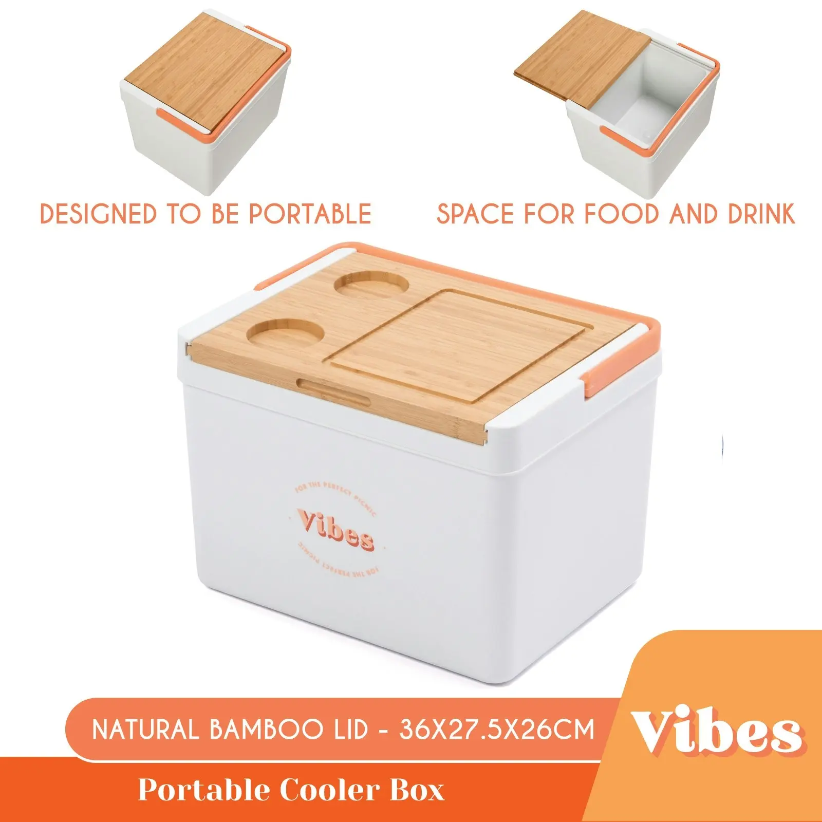 Vibes Portable Cooler Box with Bamboo Lid White & Peach 36x27.5x26cm