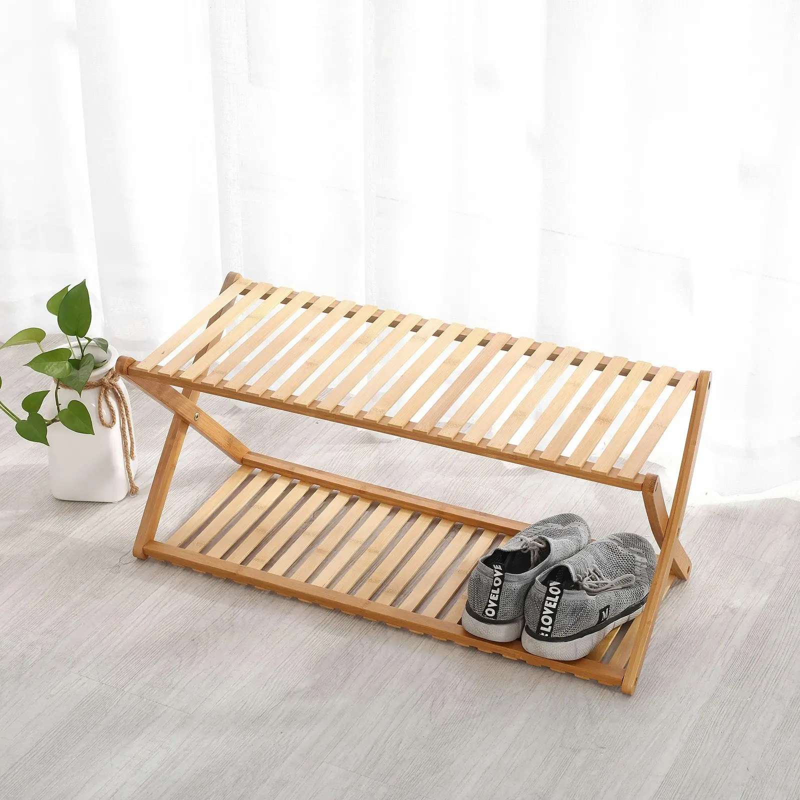 Sherwood Home 2-Tier Portable Natural Bamboo Shoe Rack - Light Brown - 70x27.5x32cm