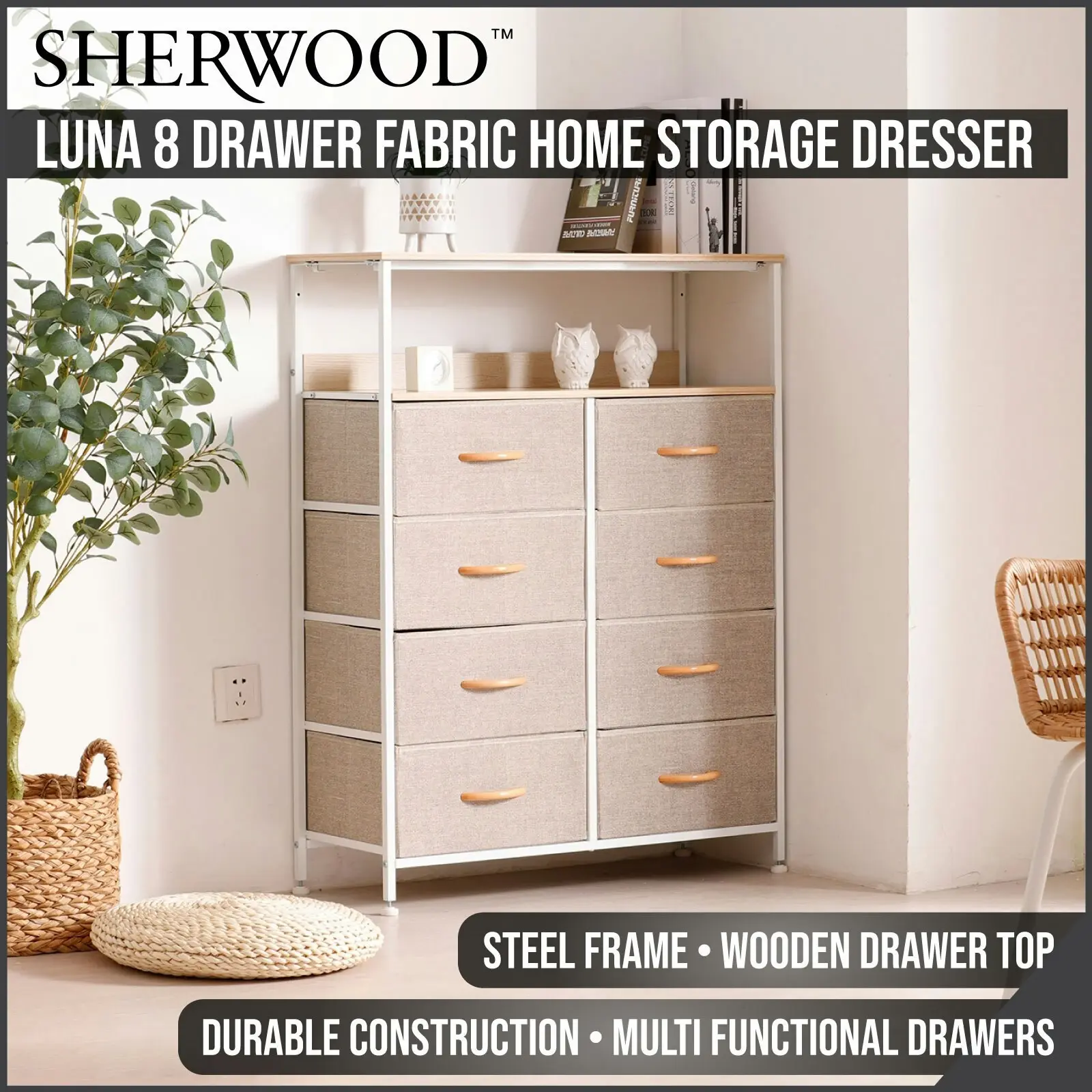 Sherwood Luna 8 Drawer Fabric Home Storage Dresser With Shelf Cream