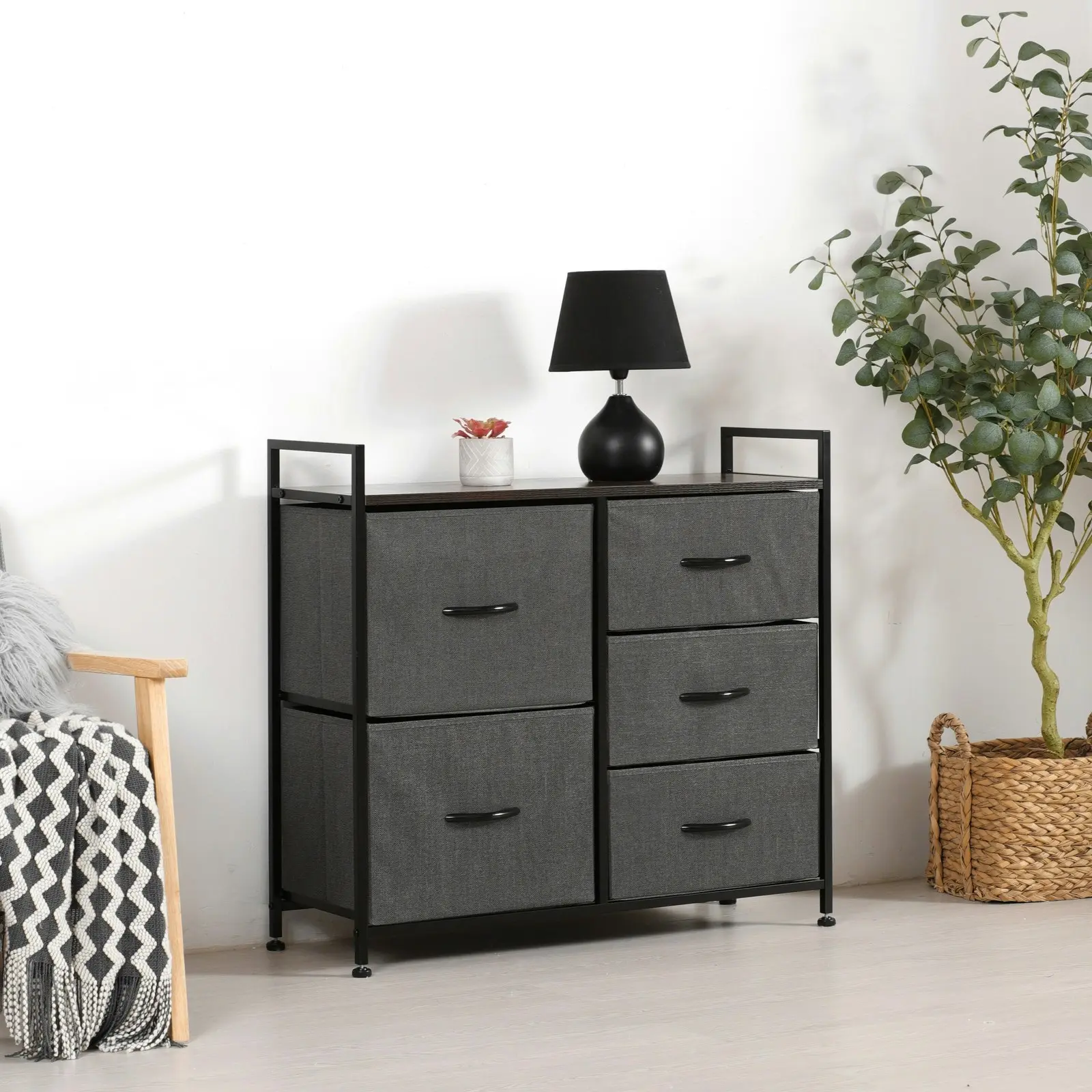 Sherwood Luna 5 Drawer Fabric Home Storage Dresser Charcoal 