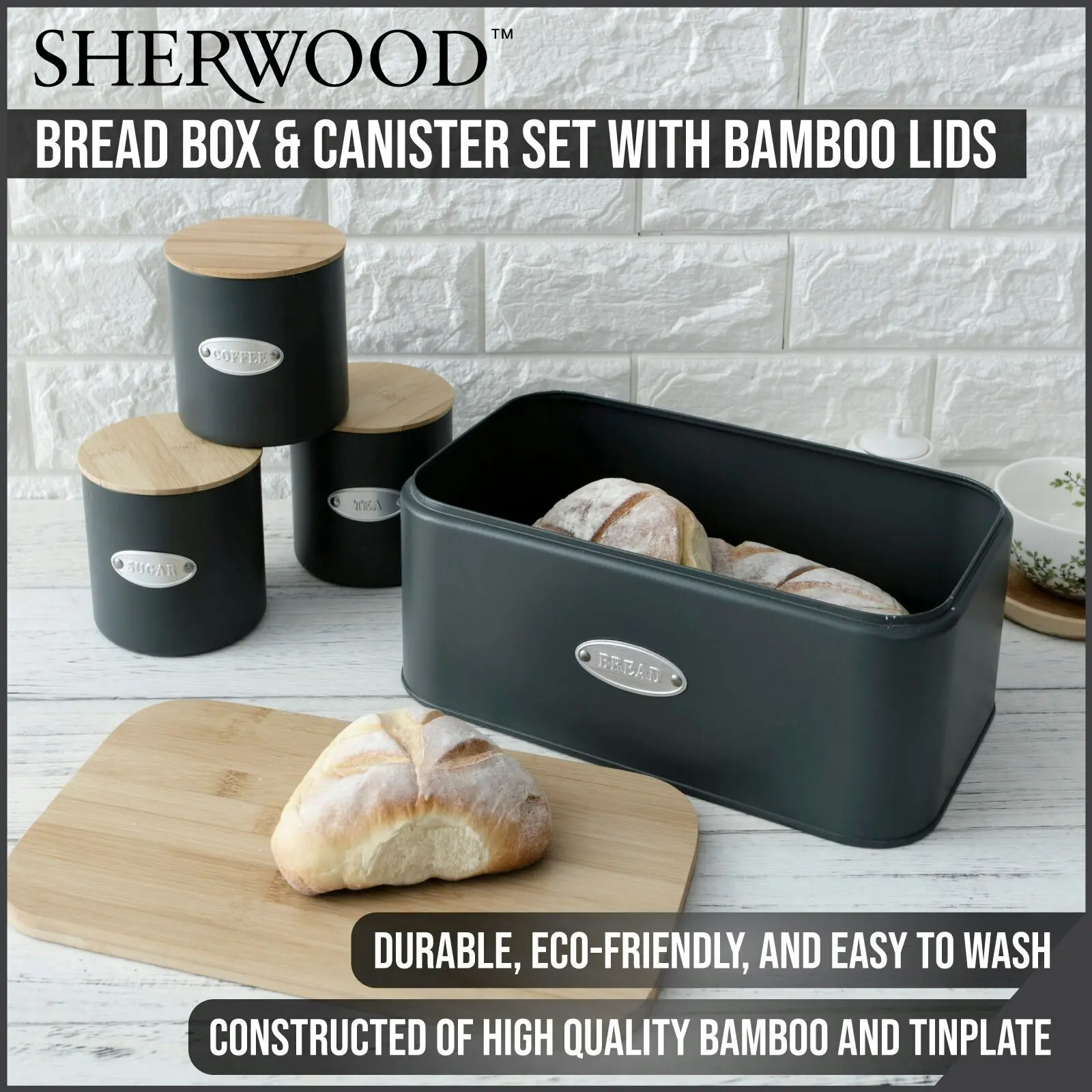 Sherwood Home Bread Box & Canister Set With Natural Bamboo Lids