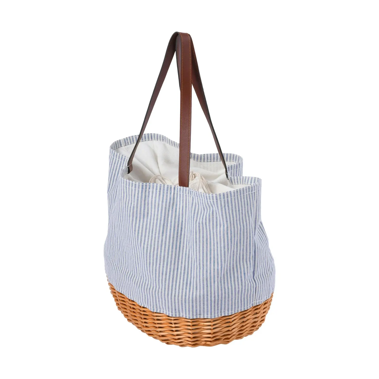 Vibes Barossa 2 Person Natural Wicker & Canvas Picnic Tote Bag Set Blue & White Pinstipe 36x29x34cm