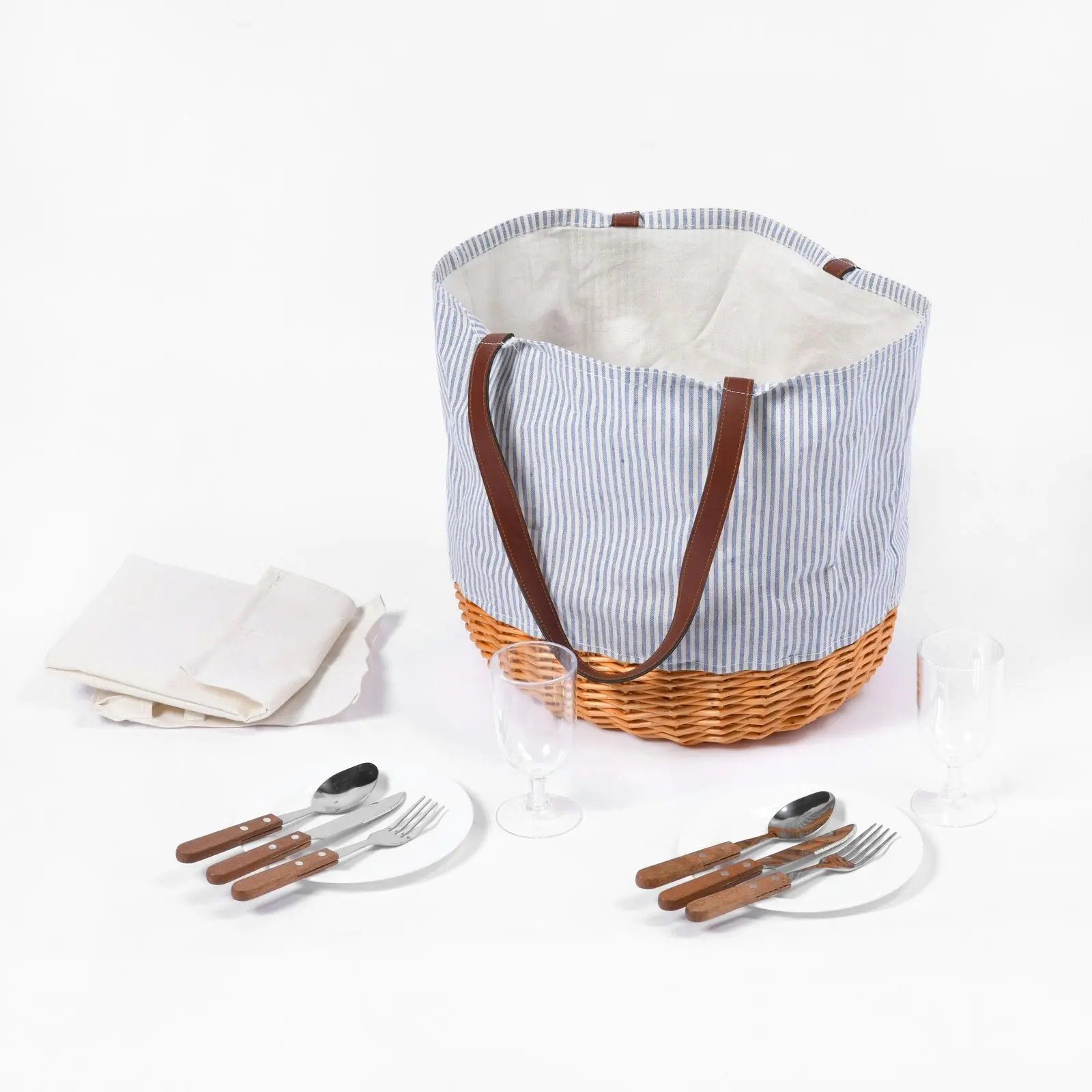 Vibes Barossa 2 Person Natural Wicker & Canvas Picnic Tote Bag Set Blue & White Pinstipe 36x29x34cm