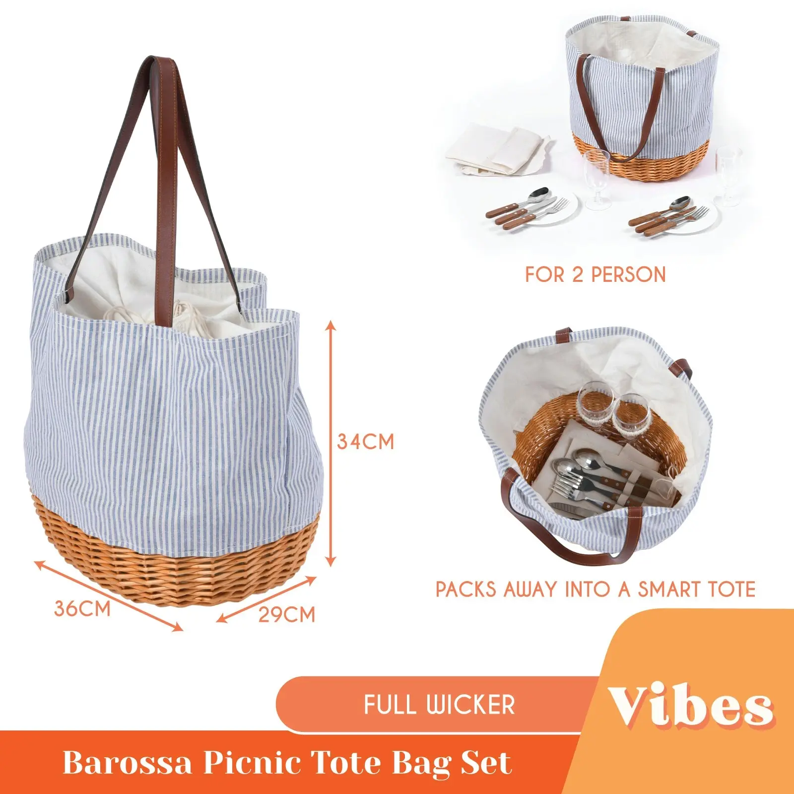 Vibes Barossa 2 Person Natural Wicker & Canvas Picnic Tote Bag Set Blue & White Pinstipe 36x29x34cm