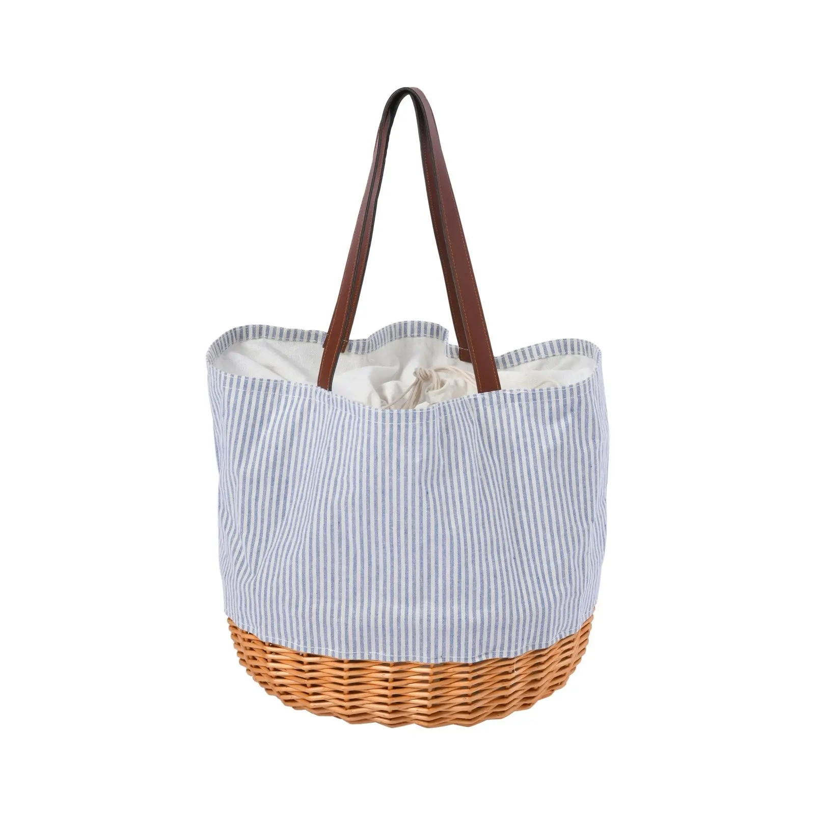 Vibes Barossa 2 Person Natural Wicker & Canvas Picnic Tote Bag Set Blue & White Pinstipe 36x29x34cm