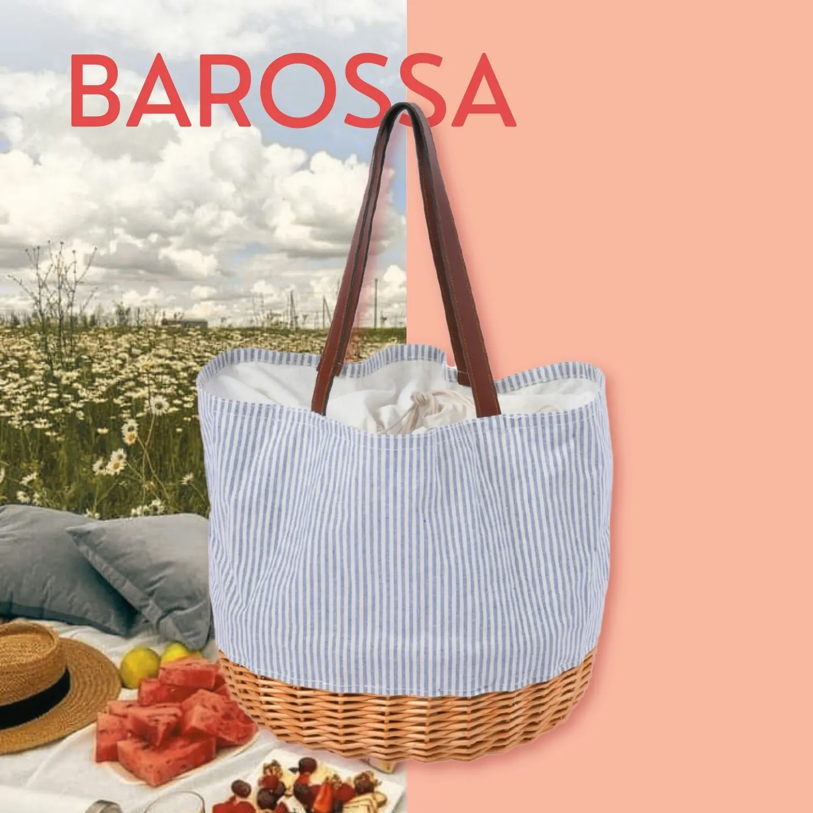 Vibes Barossa 2 Person Natural Wicker & Canvas Picnic Tote Bag Set Blue & White Pinstipe 36x29x34cm