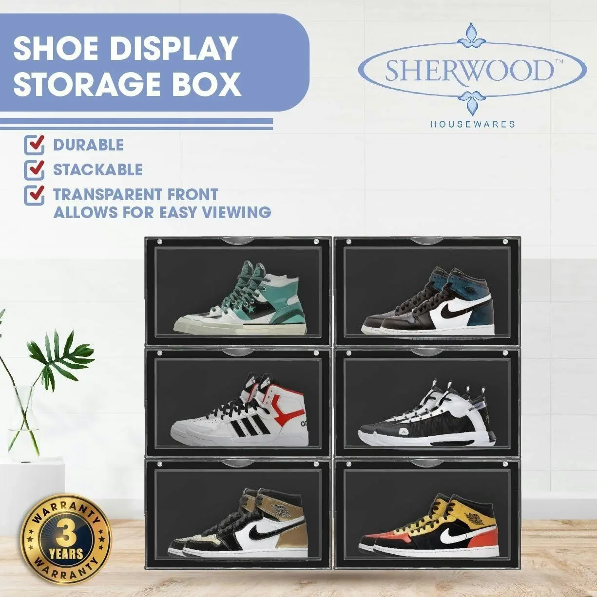 Sherwood Kicks Side Display Stackable Shoe Storage Box Black - 6 Pack