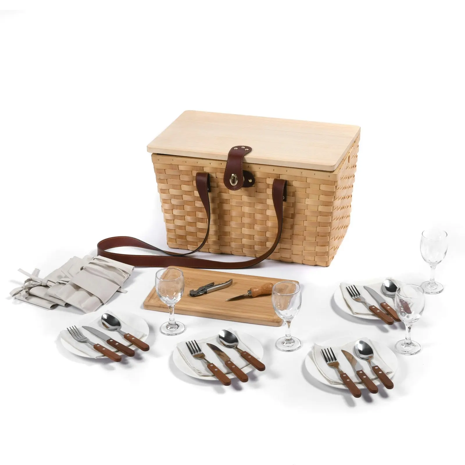 Vibes Barossa 4 Person Natural Wicker Picnic Basket Set Peach