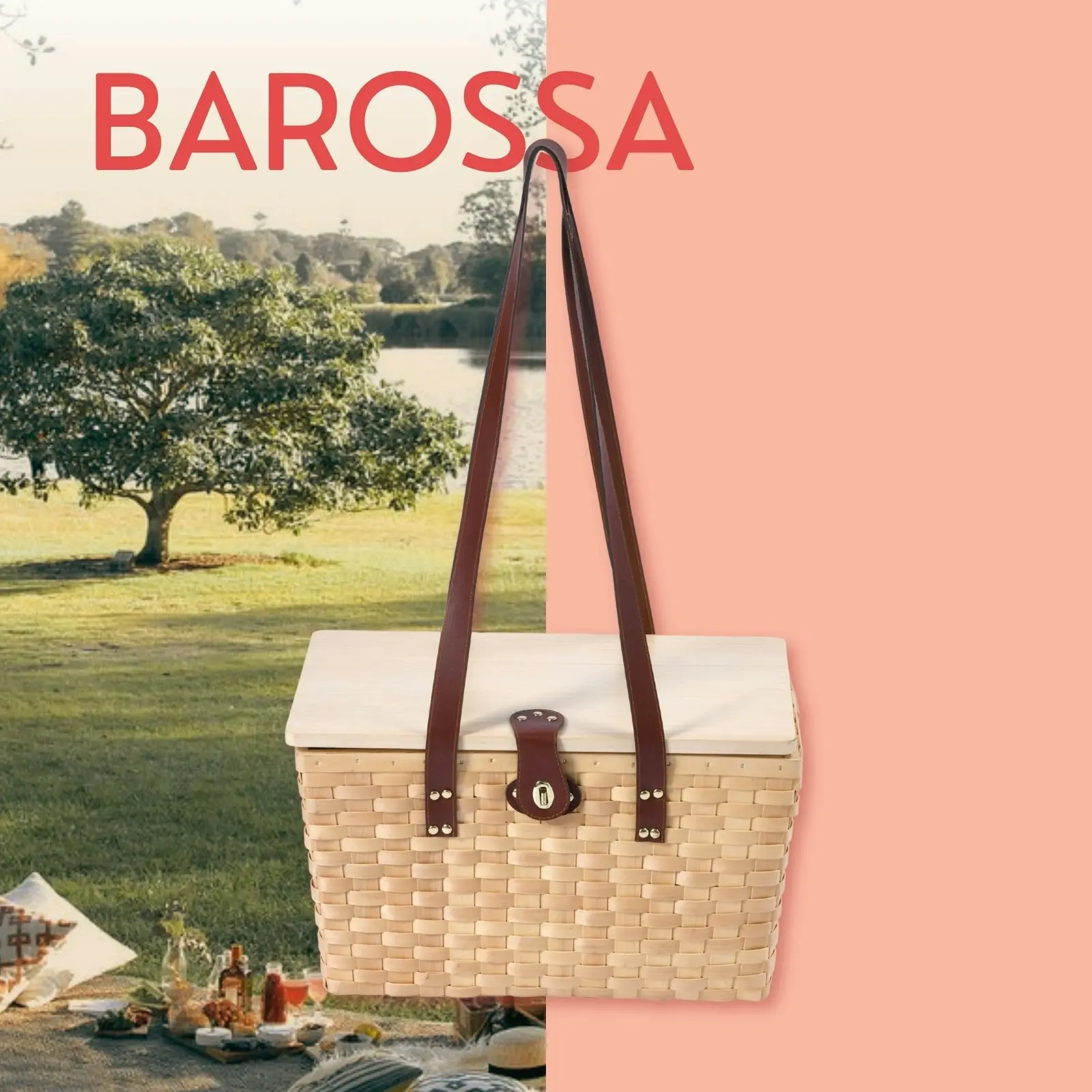 Vibes Barossa 4 Person Natural Wicker Picnic Basket Set Peach