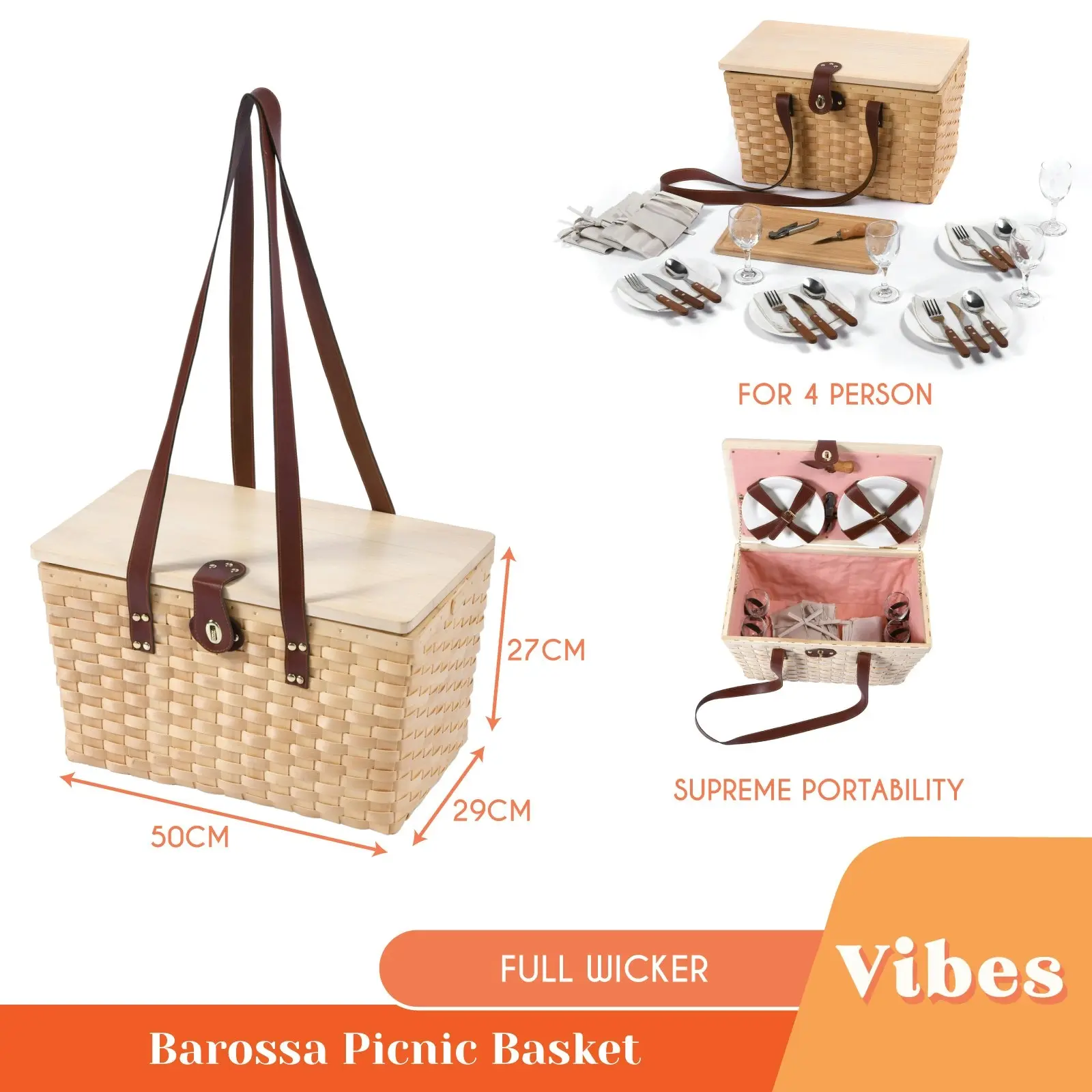 Vibes Barossa 4 Person Natural Wicker Picnic Basket Set Peach