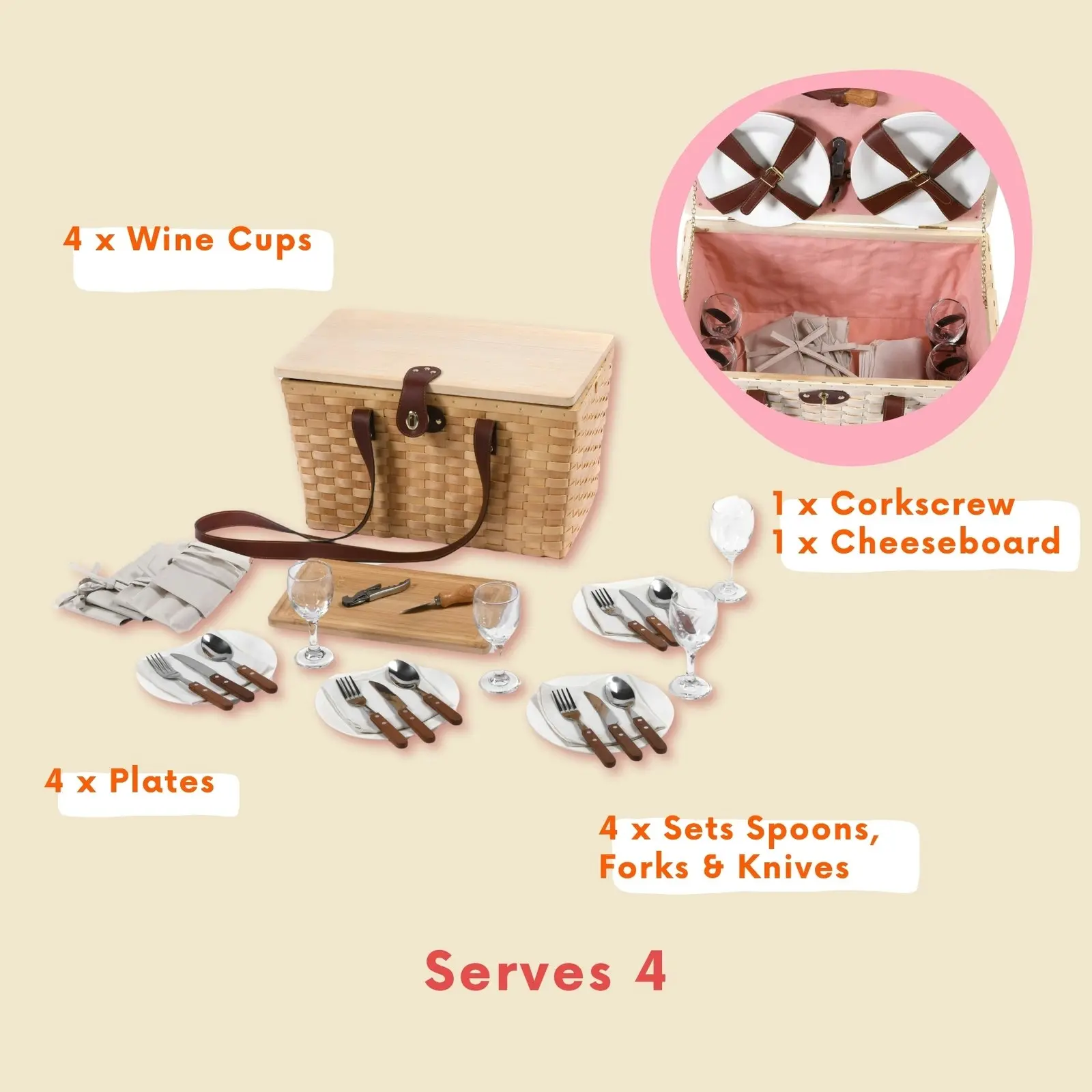 Vibes Barossa 4 Person Natural Wicker Picnic Basket Set Peach