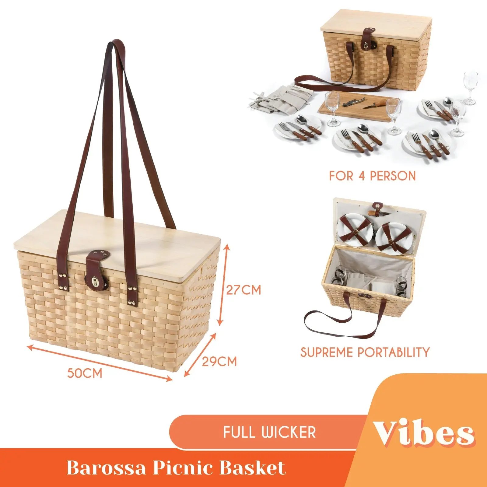 Vibes Barossa 4 Person Natural Wicker Picnic Basket Set Cream