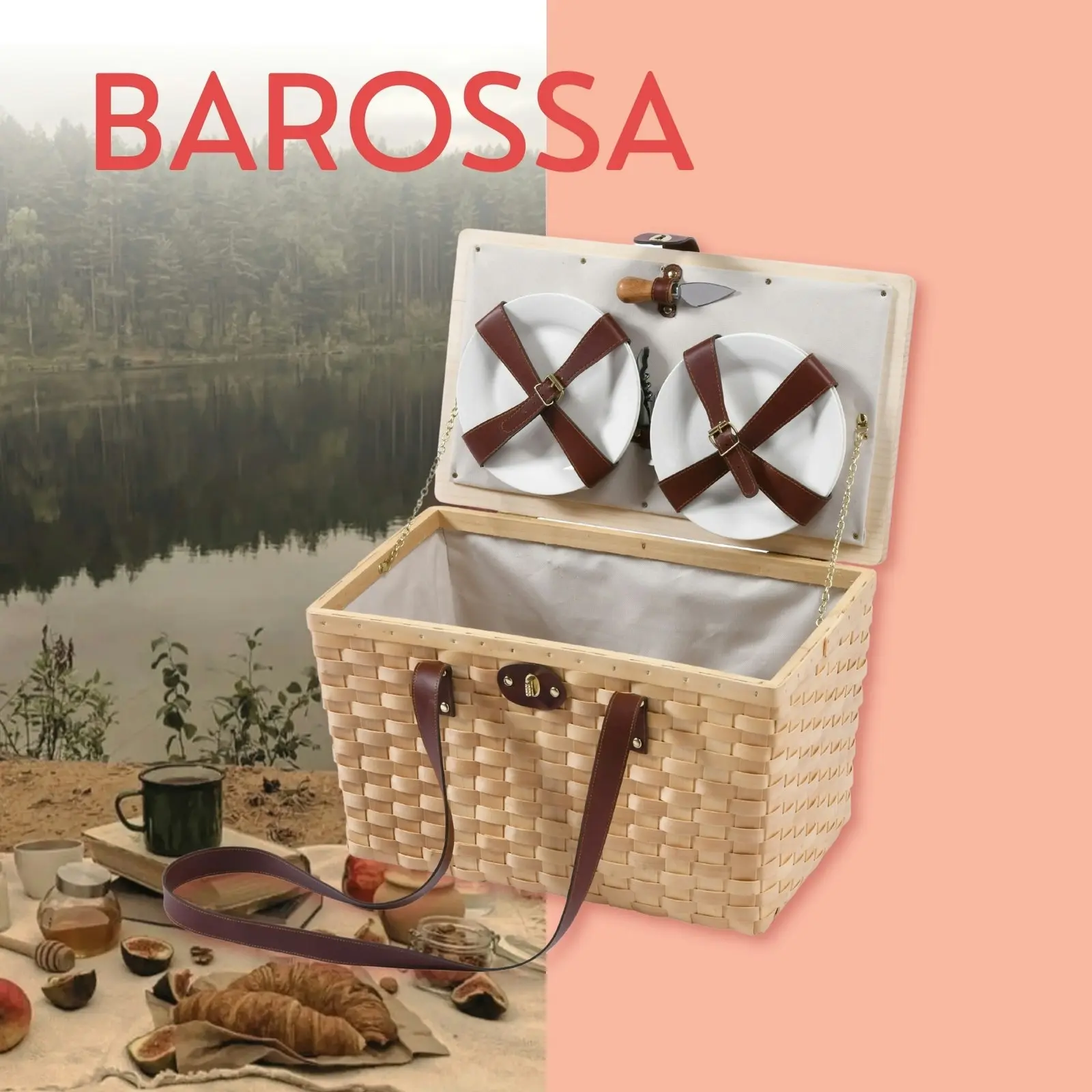 Vibes Barossa 4 Person Natural Wicker Picnic Basket Set Cream