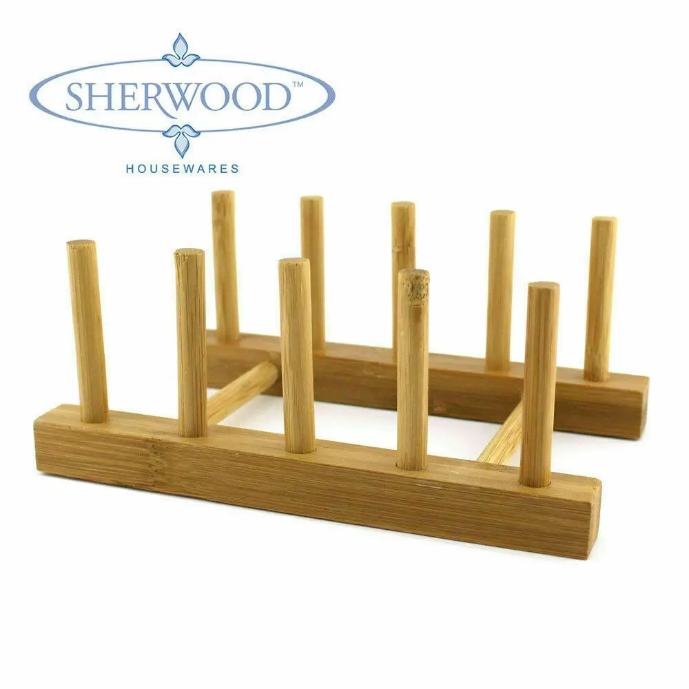 Sherwood Home 2 Pack Bamboo Standing Plate Rack - Natural Brown - 18x11.5x7.5cm