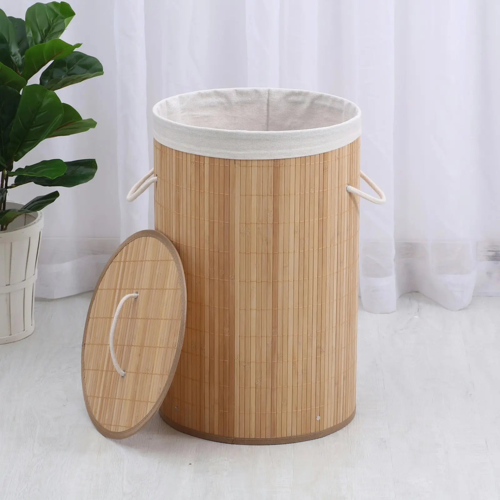 Sherwood Home Round Collapsible Bamboo Laundry Hamper with Polycotton bag Natural Brown