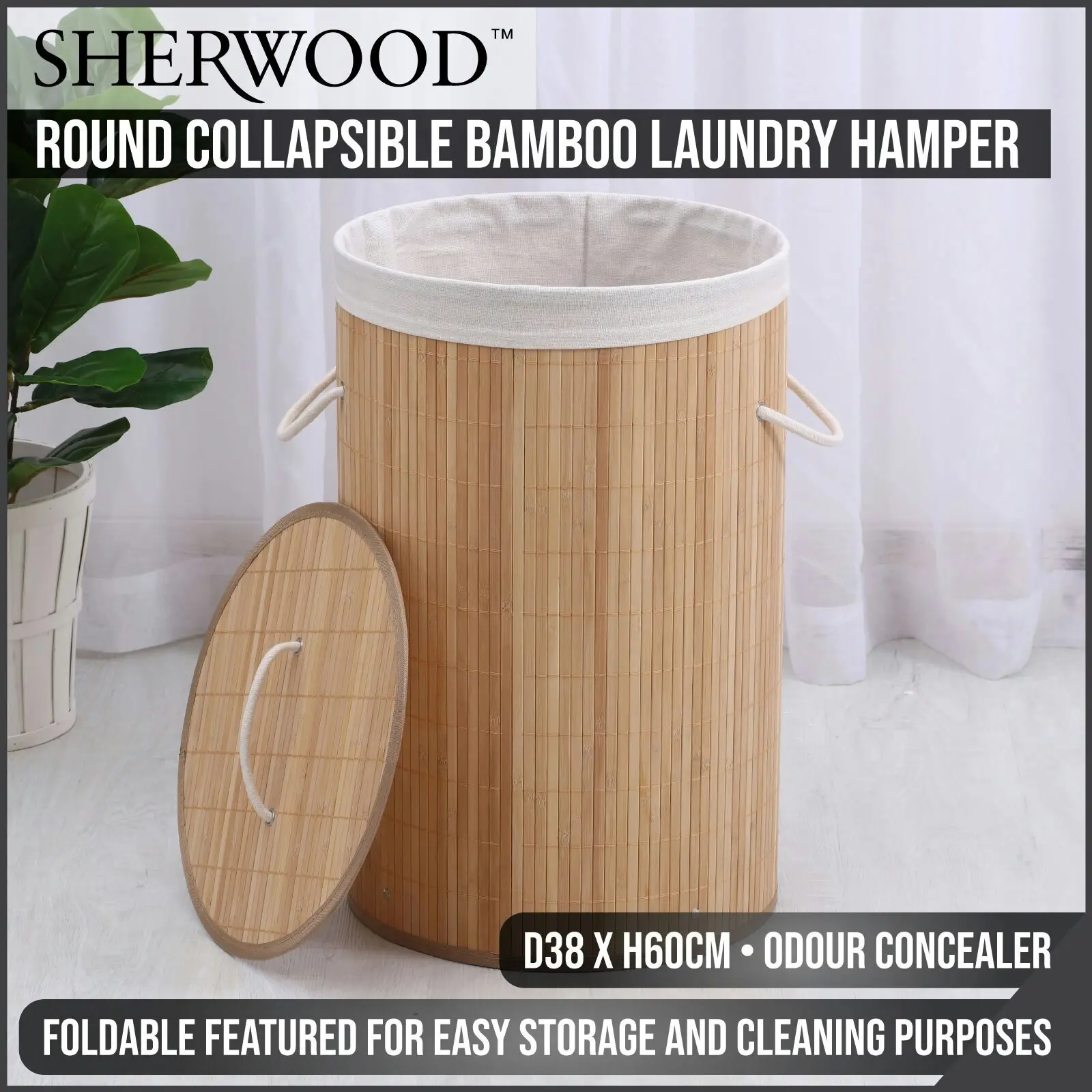 Sherwood Home Round Collapsible Bamboo Laundry Hamper with Polycotton bag Natural Brown