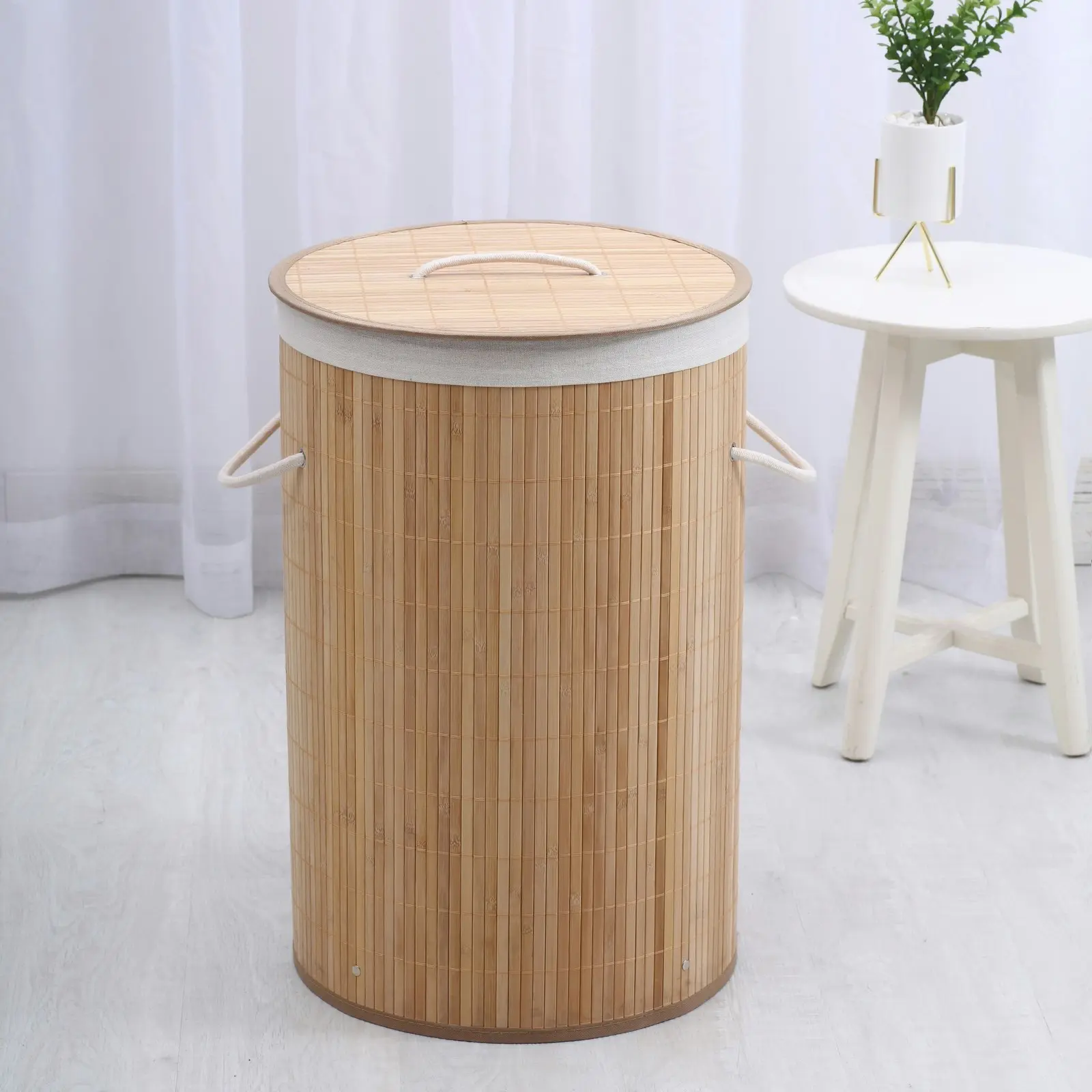 Sherwood Home Round Collapsible Bamboo Laundry Hamper with Polycotton bag Natural Brown