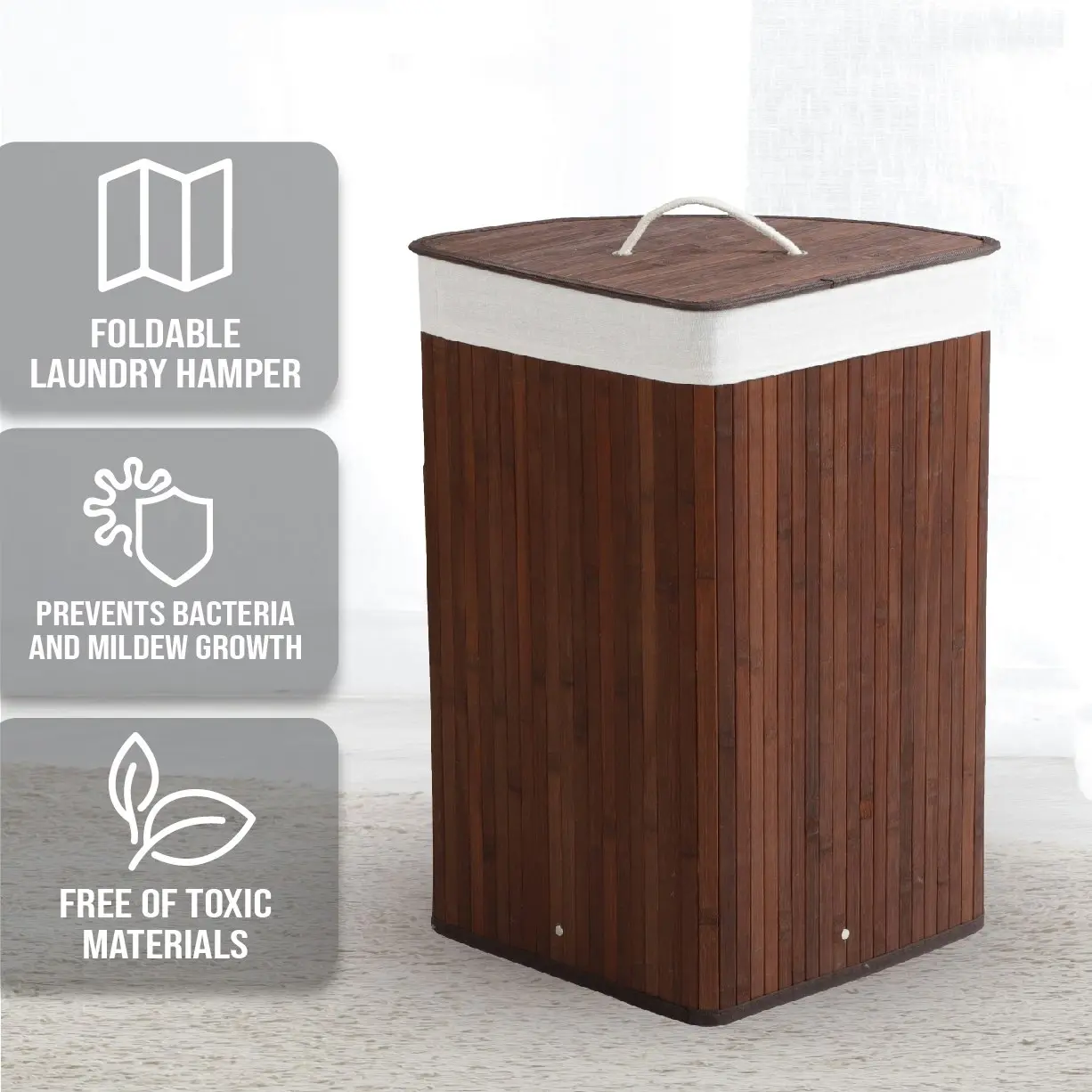 Sherwood Home Corner Folding Bamboo Laundry Hamper Brown 35x35x60cm