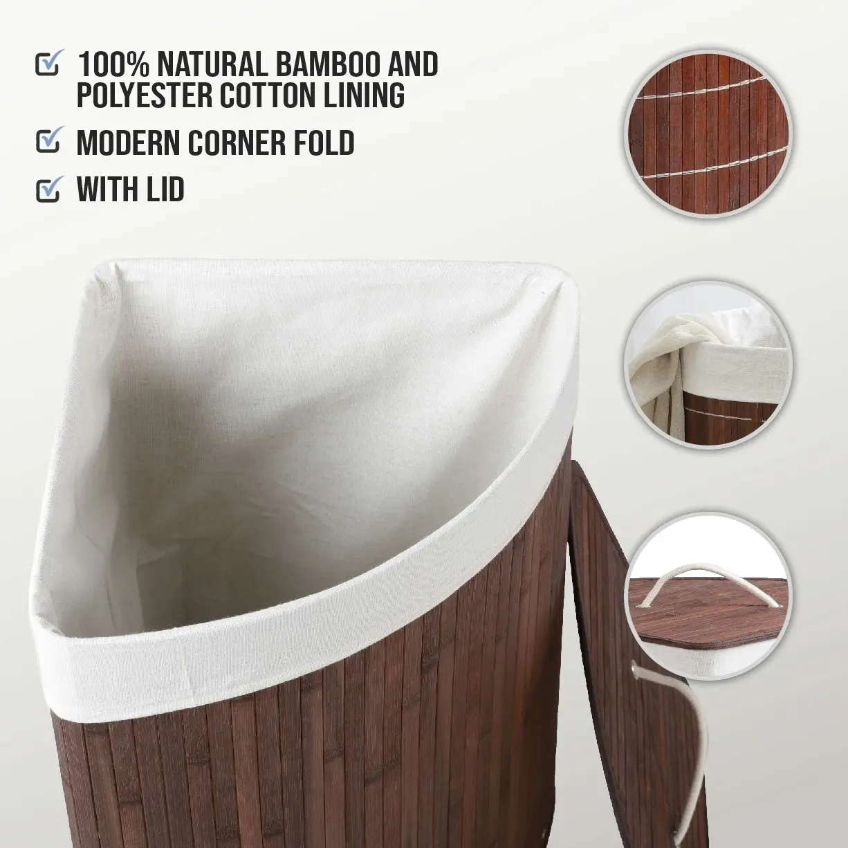 Sherwood Home Corner Folding Bamboo Laundry Hamper Brown 35x35x60cm