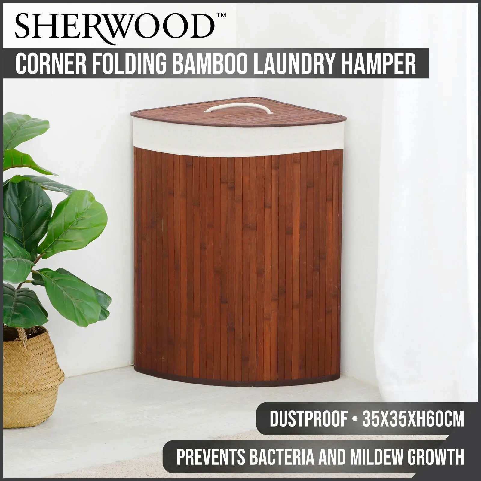 Sherwood Home Corner Folding Bamboo Laundry Hamper Brown 35x35x60cm