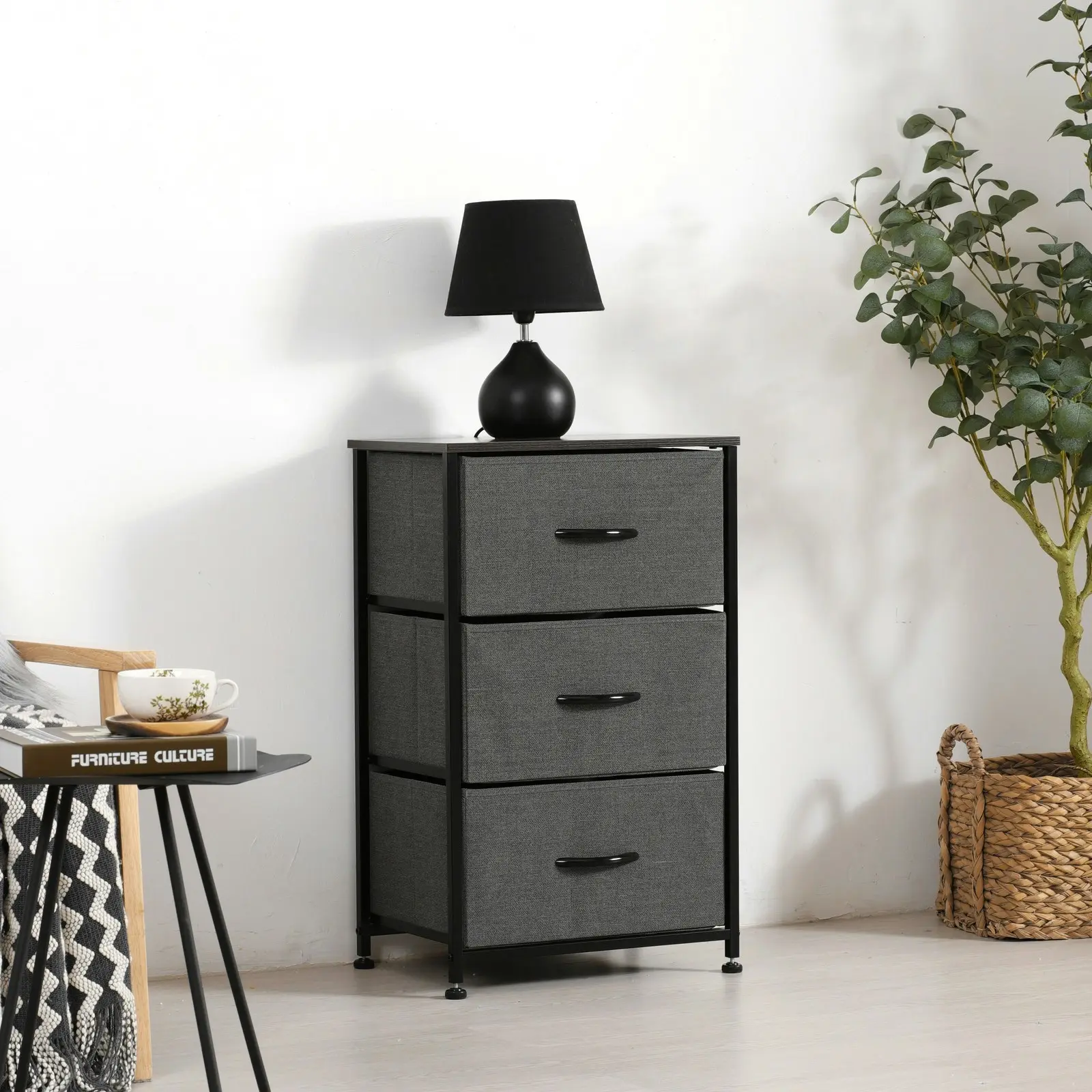 Sherwood Luna 3 Drawer Fabric Home Dresser Charcoal