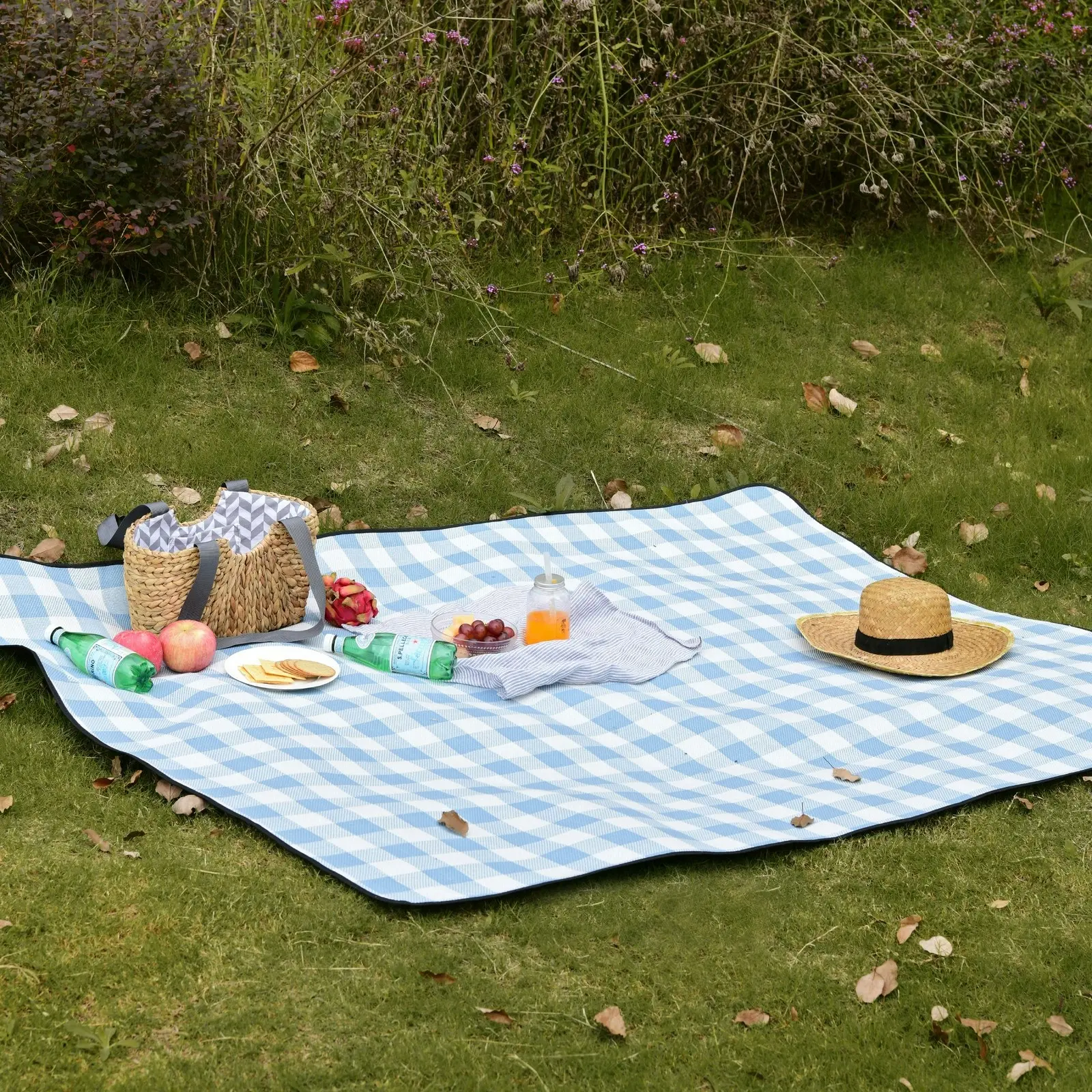 Sherwood Faux Linen Picnic Rug Blue and White Plaid 200x150cm