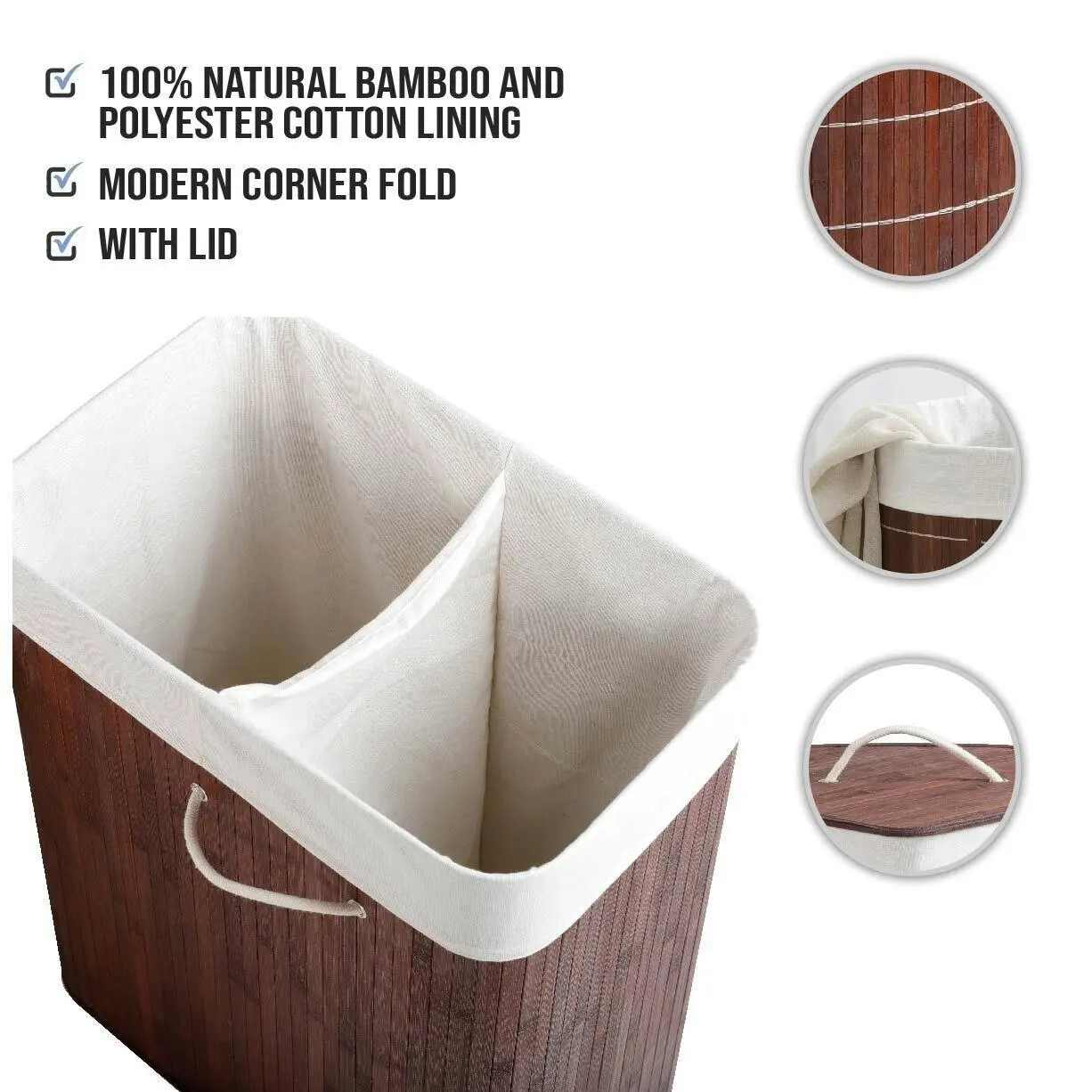 Sherwood Home Rectangular Folding Bamboo Laundry Basket 2 Section Sorter Brown 105L