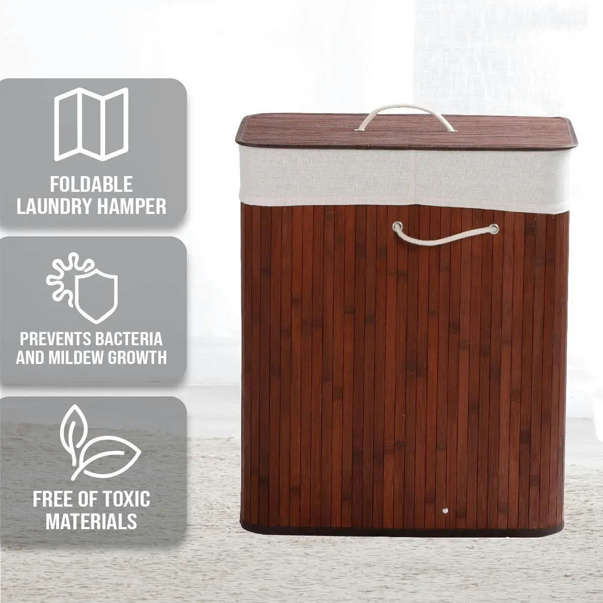 Sherwood Home Rectangular Folding Bamboo Laundry Basket 2 Section Sorter Brown 105L