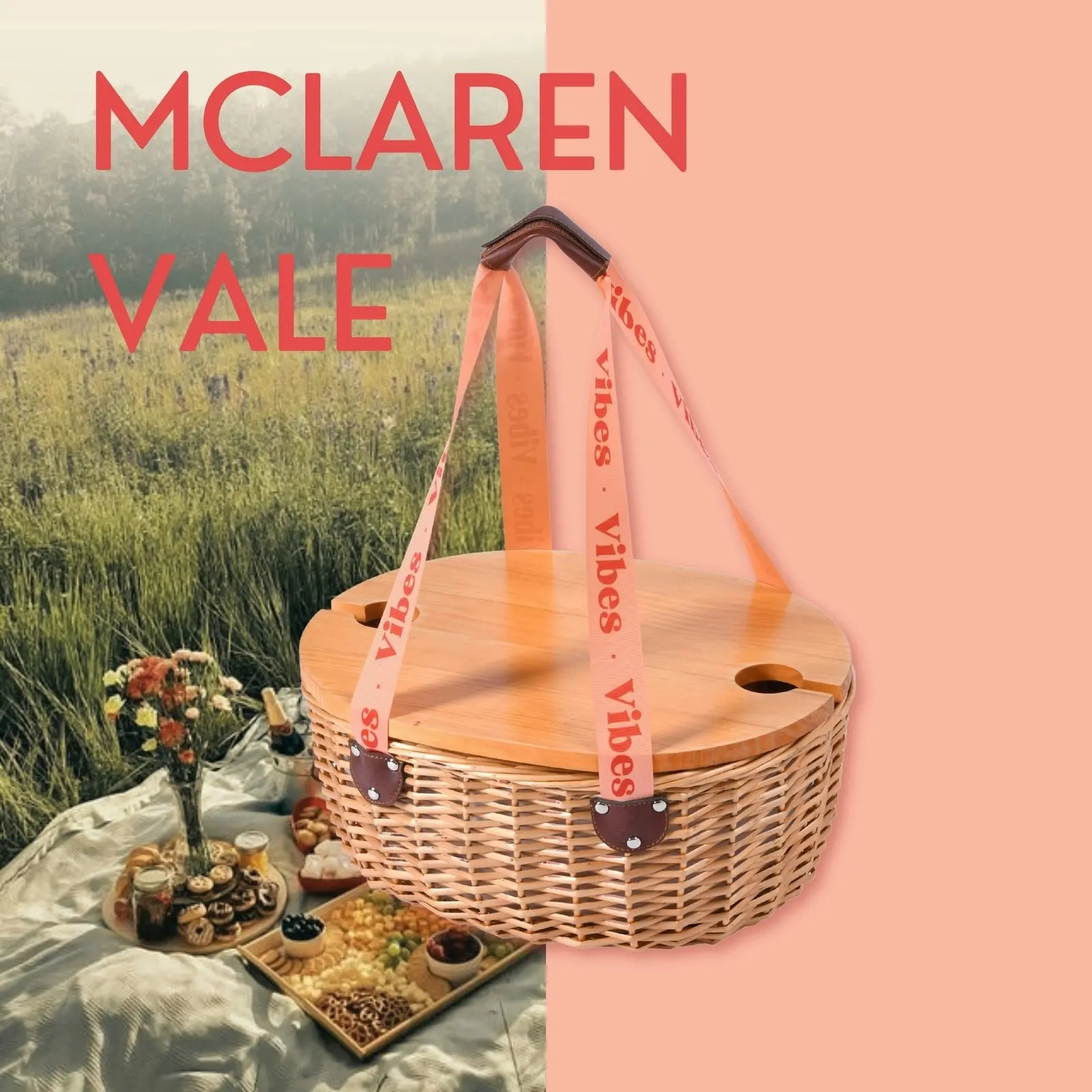 Vibes McLaren Vale 2 Person Oval Insulated Wicker Basket with Folding Table – Tan & Peach