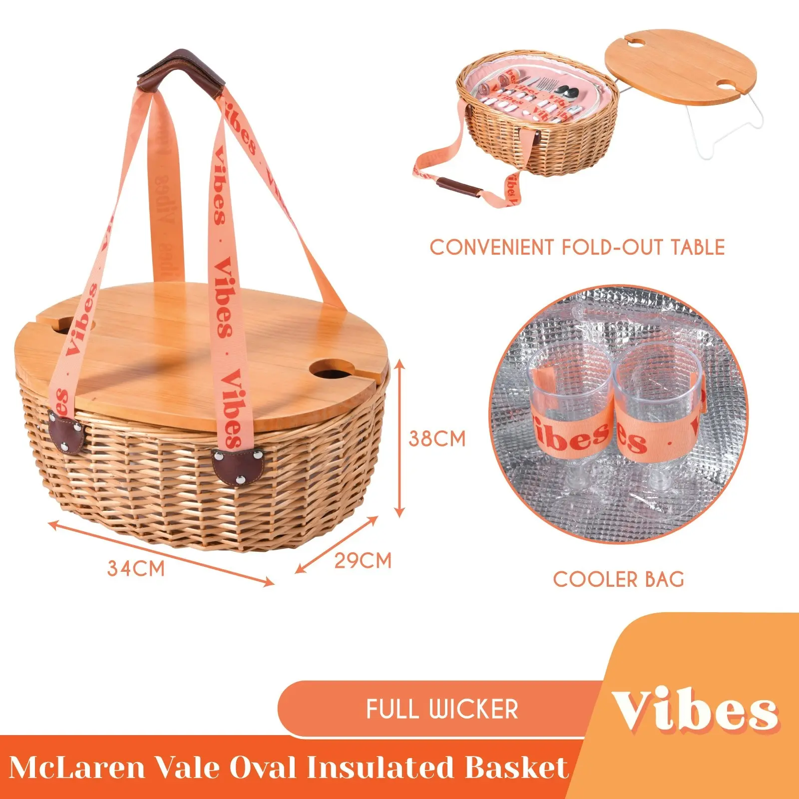 Vibes McLaren Vale 2 Person Oval Insulated Wicker Basket with Folding Table – Tan & Peach