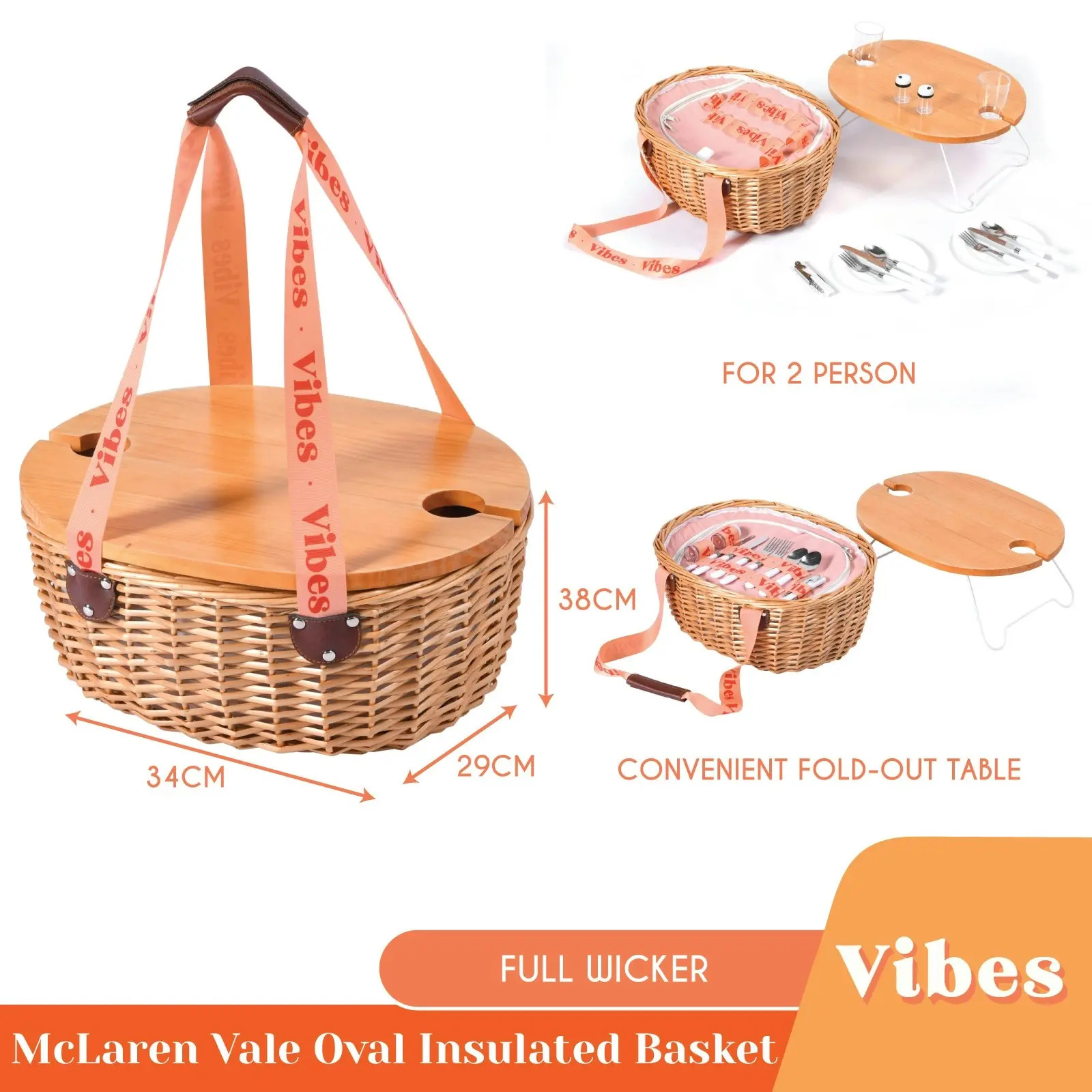 Vibes McLaren Vale 2 Person Oval Insulated Wicker Basket with Folding Table – Tan & Peach