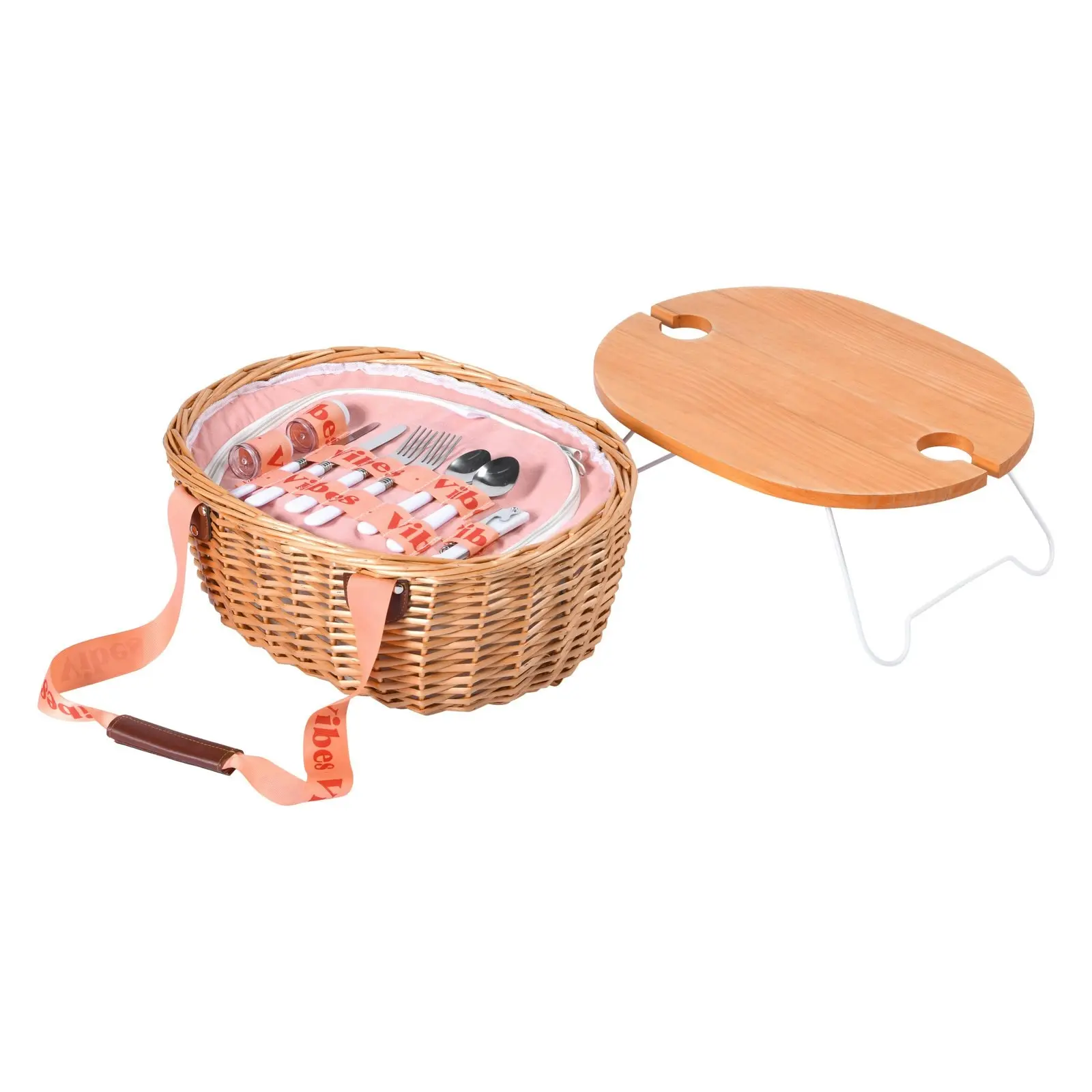 Vibes McLaren Vale 2 Person Oval Insulated Wicker Basket with Folding Table – Tan & Peach