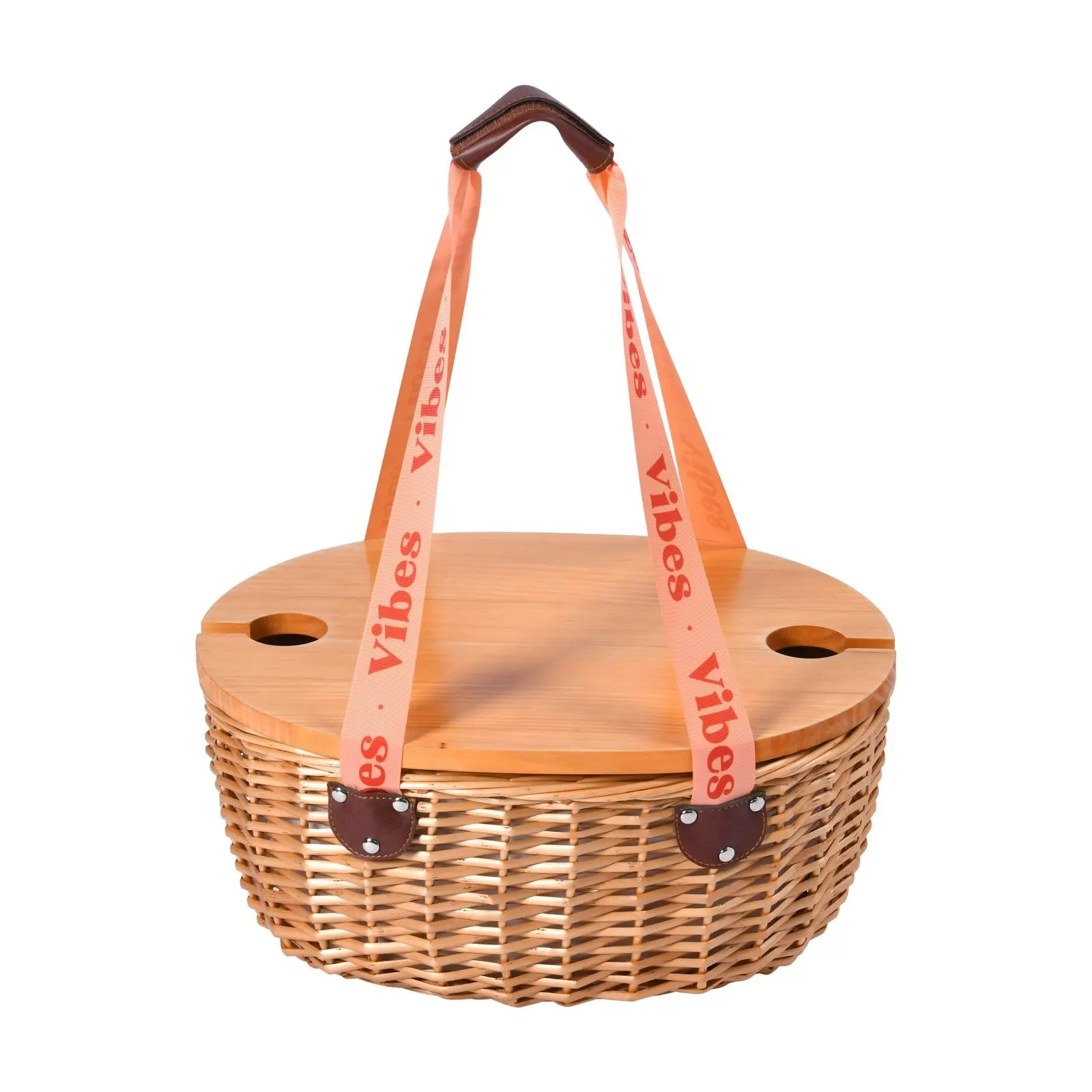 Vibes McLaren Vale 2 Person Oval Insulated Wicker Basket with Folding Table – Tan & Peach