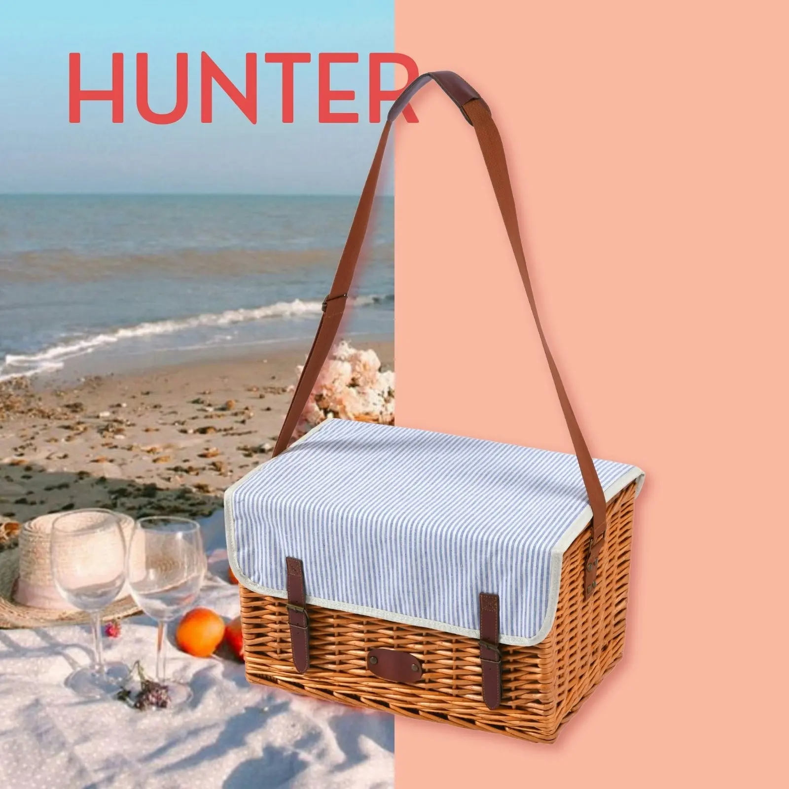 Vibes Hunter 4 Person Natural Willow Picnic Basket Set